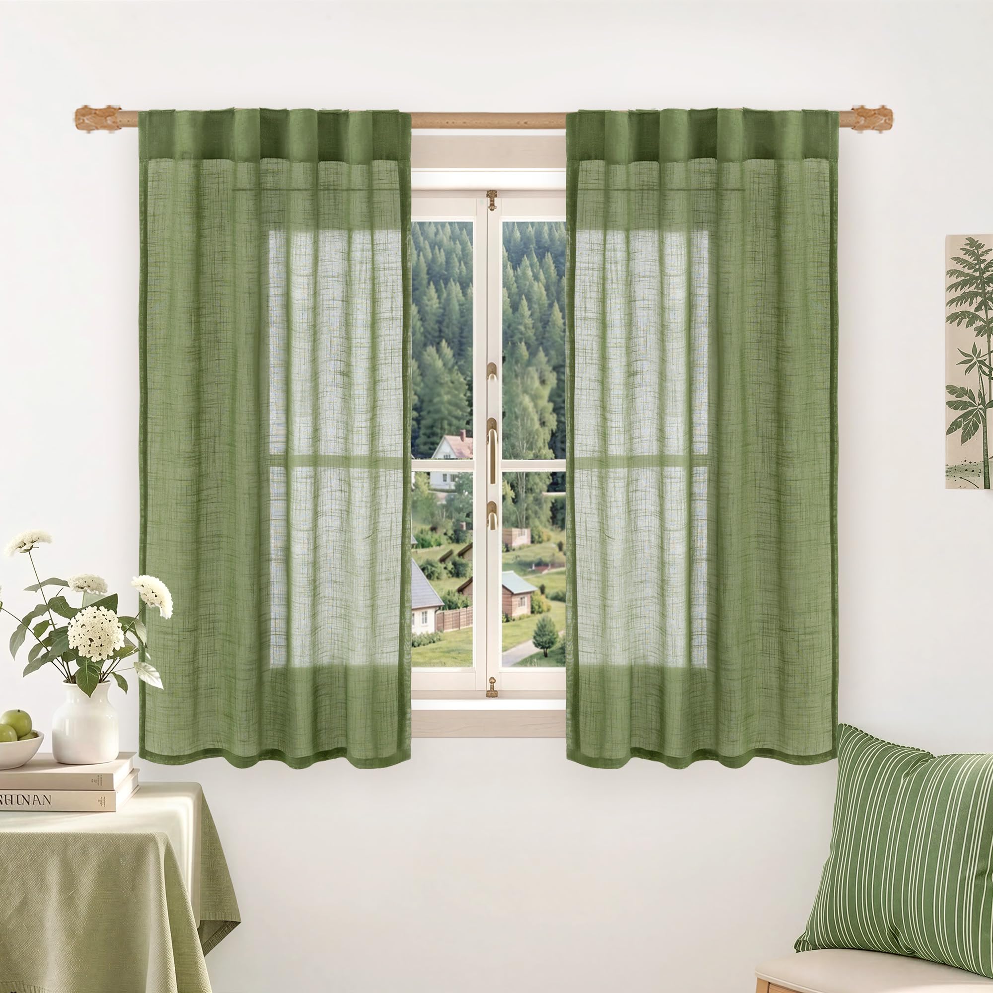 LAMIT Natural Linen Sheer Curtains 90 Inches Long 2 Panels, Long Light Filtering Window Treatments Back Tab and Rod Pocket Farmhouse Boho Panels for Living Room/Bedroom/Dining Room, 52 x 90 Inch