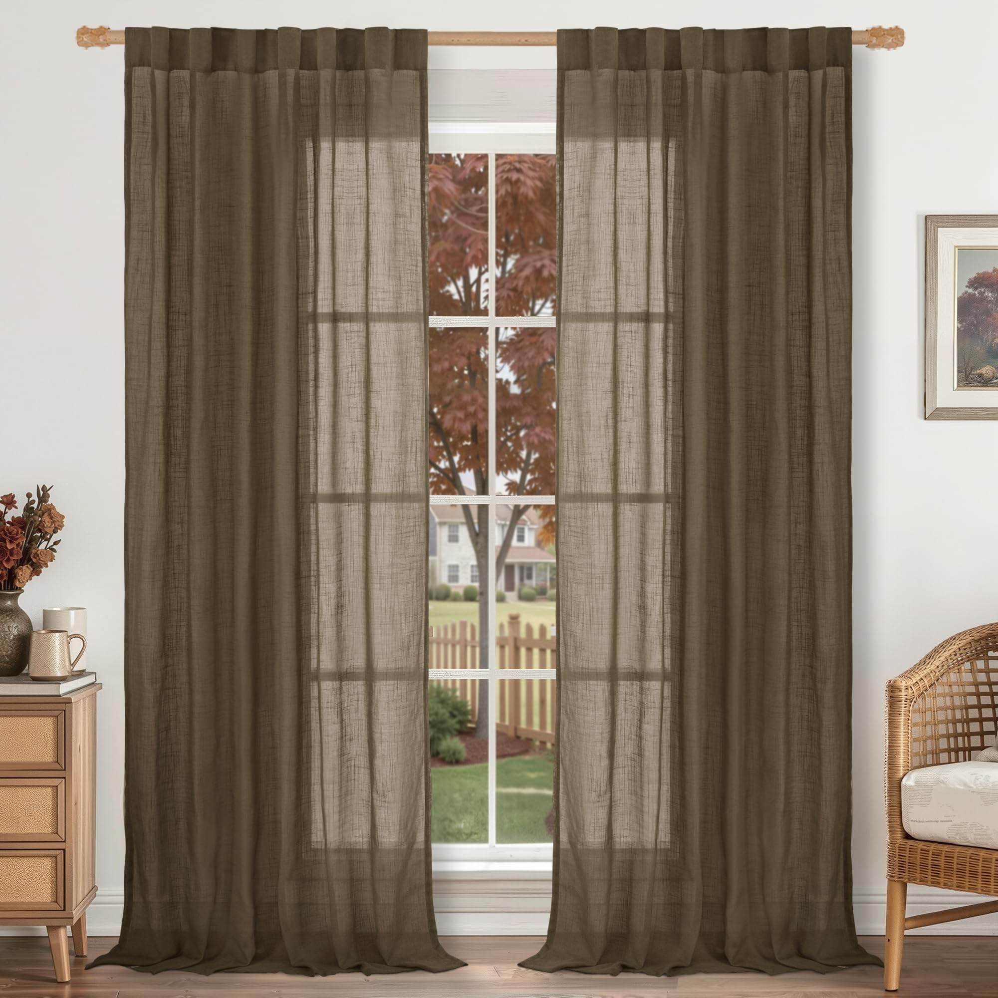 LAMIT Natural Linen Sheer Curtains 90 Inches Long 2 Panels, Long Light Filtering Window Treatments Back Tab and Rod Pocket Farmhouse Boho Panels for Living Room/Bedroom/Dining Room, 52 x 90 Inch