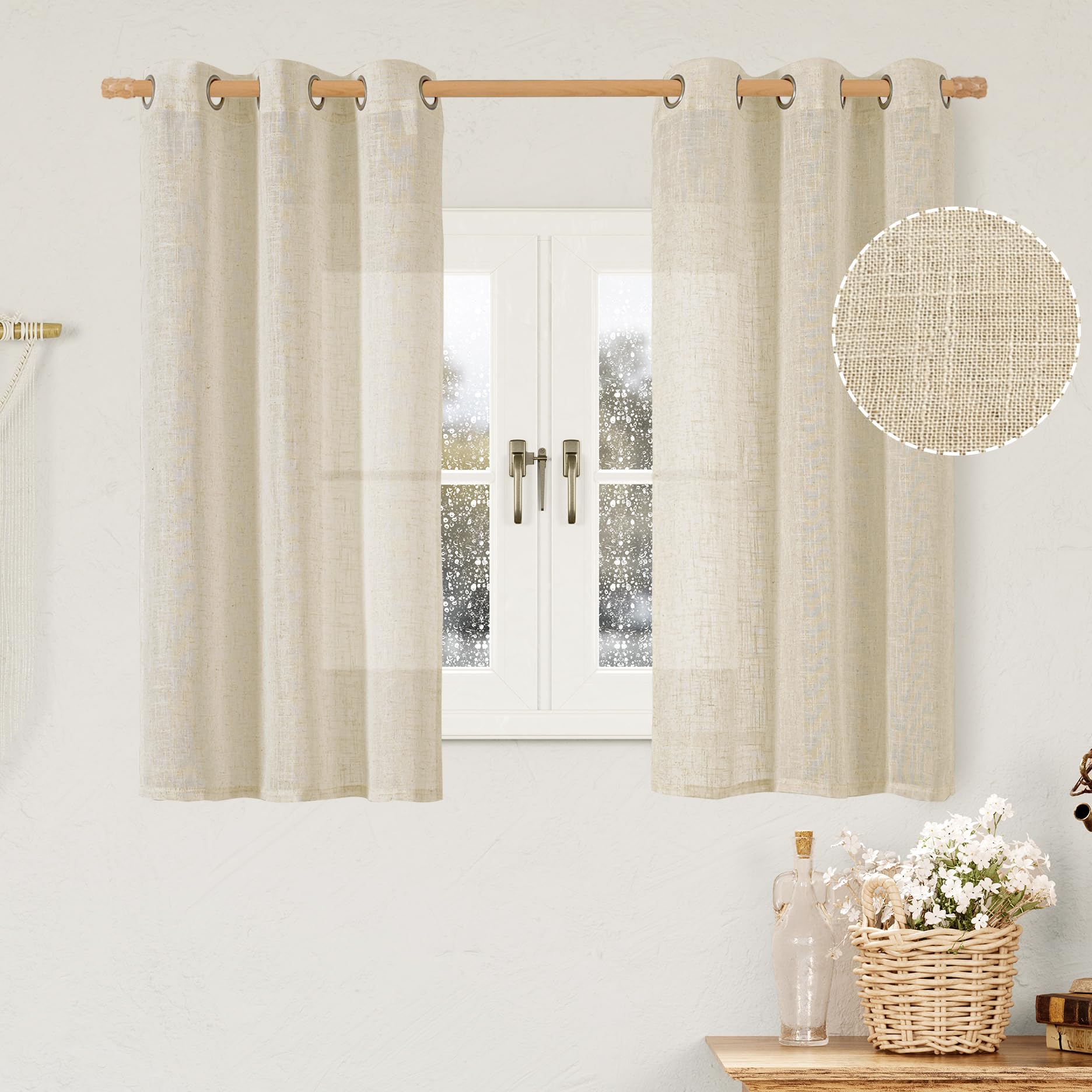 LAMIT Natural Cream Ivory Long Linen Curtains for Living Room, 108 inches Long Bronze Grommet Light Filtering Window Textured Neutral Sheer Drapes for Bedroom Farmhouse, 2 Panels, 52 x 108 Inch