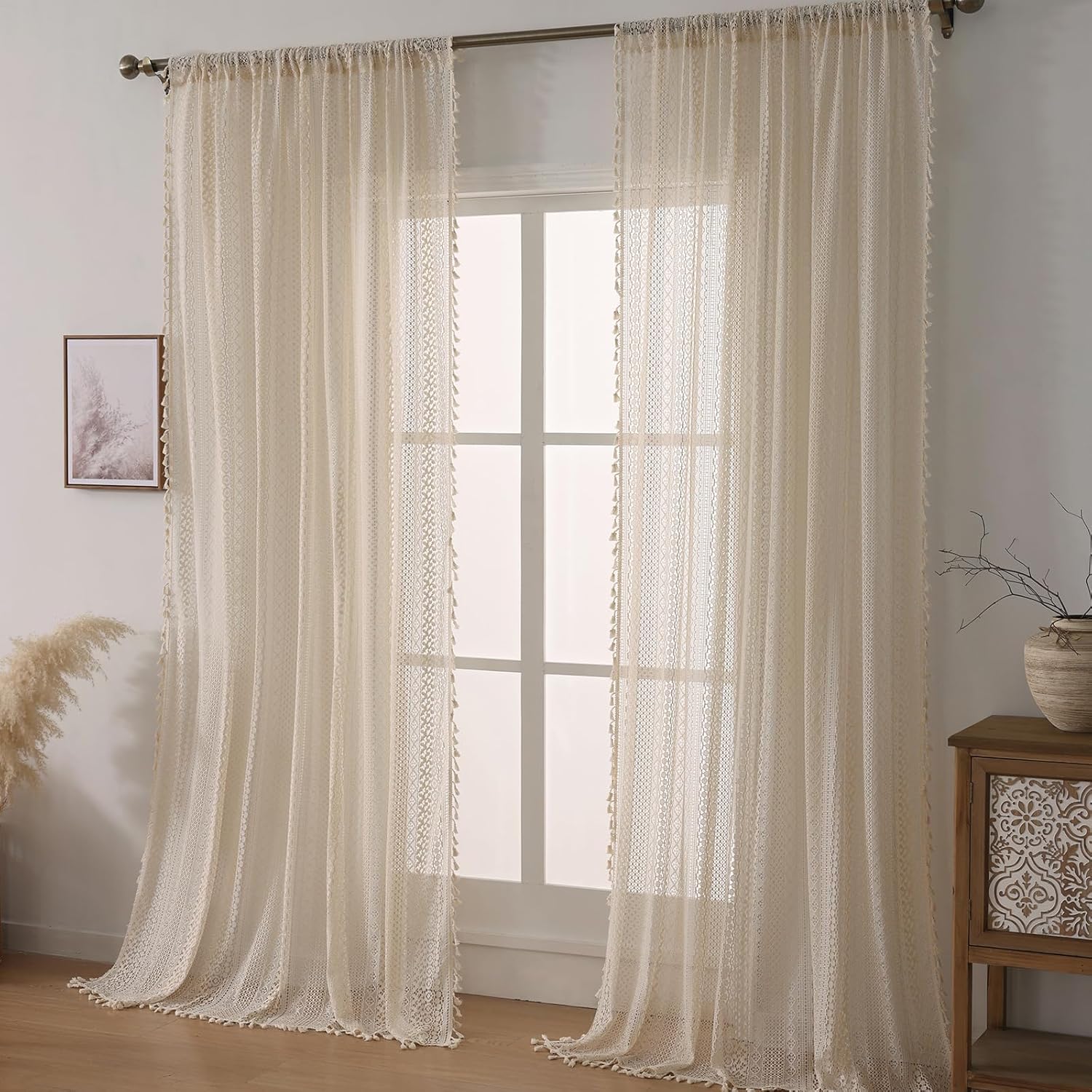 WAZZIO Boho Lace Curtains 108 Inch 2 Panel,Light Filtering Privacy Tassel & Geometry Crochet Semi Sheer Curtain Drapes for Bedroom Living Dining Room,Rod Pocket & Tassel,Vintage Farmhouse Decor,Beige