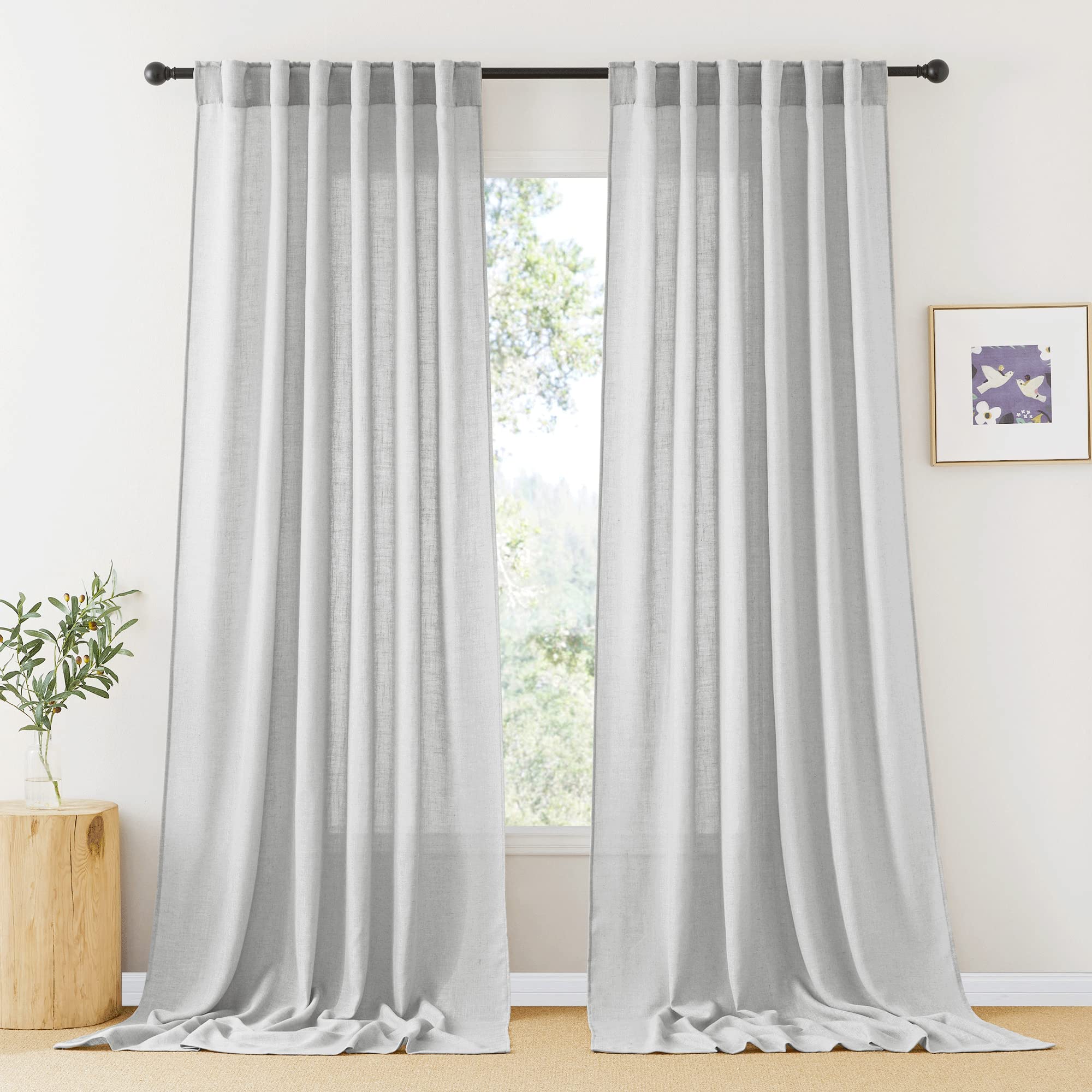 RYB HOME Semi Sheer Curtains 102 inches Long, Back Tab Light Filtration Half Privacy Window Curtains & Drapes for Bedroom Living Room, Linen, W 52 x L 102 inches, 2 Panels Set