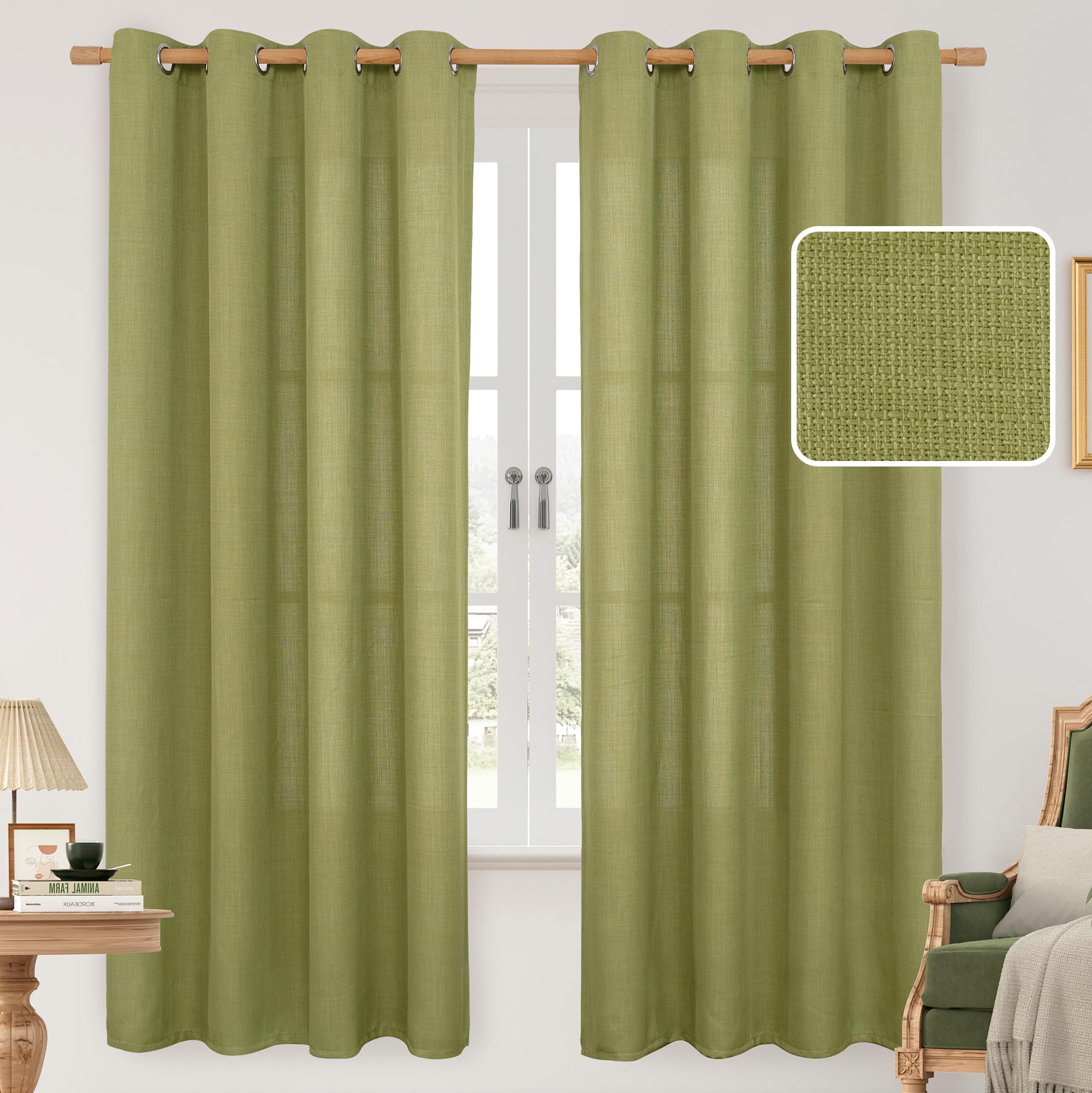 LAMIT Natural Cream Ivory Long Linen Curtains for Living Room, 108 inches Long Bronze Grommet Light Filtering Window Textured Neutral Sheer Drapes for Bedroom Farmhouse, 2 Panels, 52 x 108 Inch