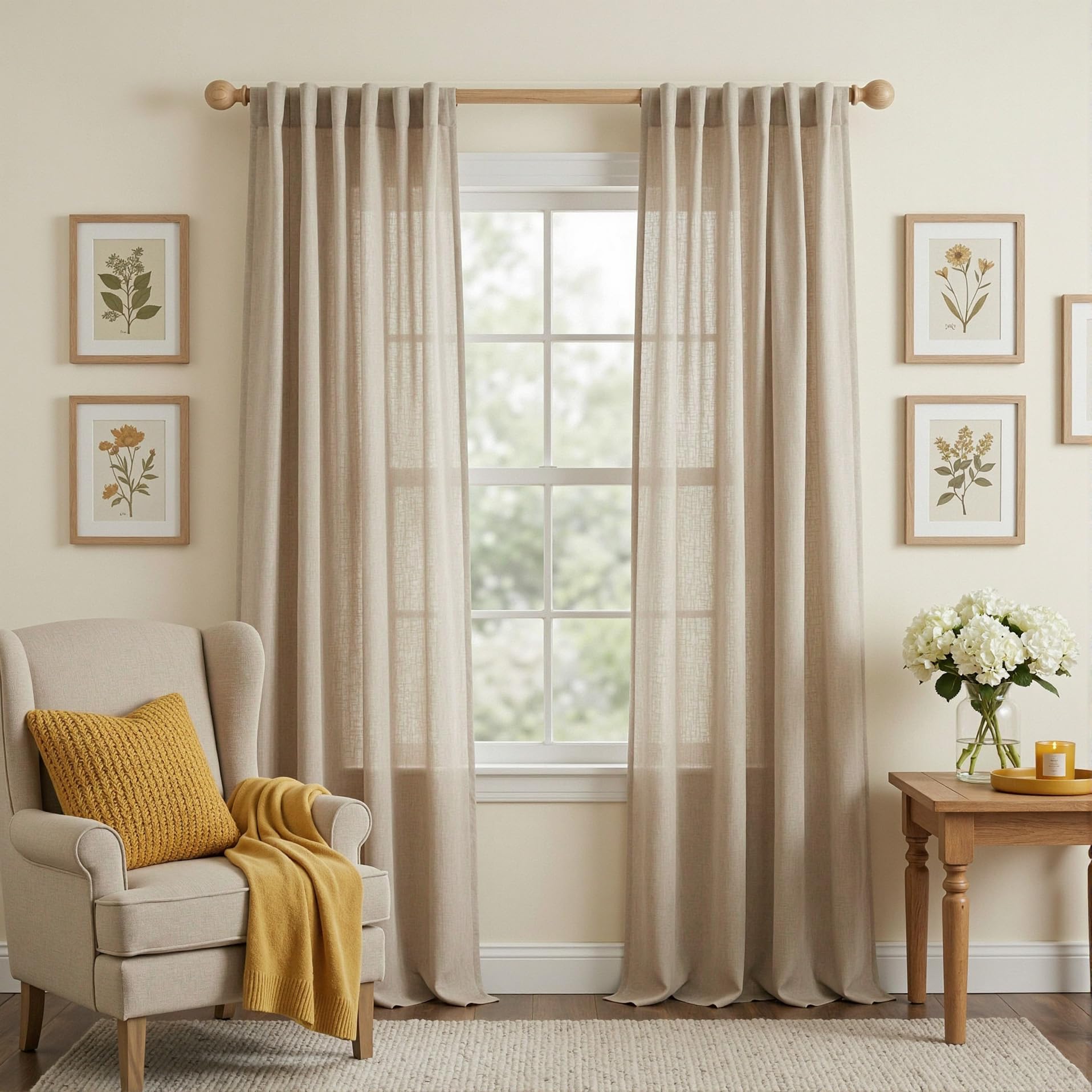 MYSKY HOME Country Curtains for Sliding Glass Door, Back Tab Semi Sheer Curtain Panels Extra Long Floor Length Drapes Linen Texture Soft Touch, 50x108 Inch, Linen, Set of 2