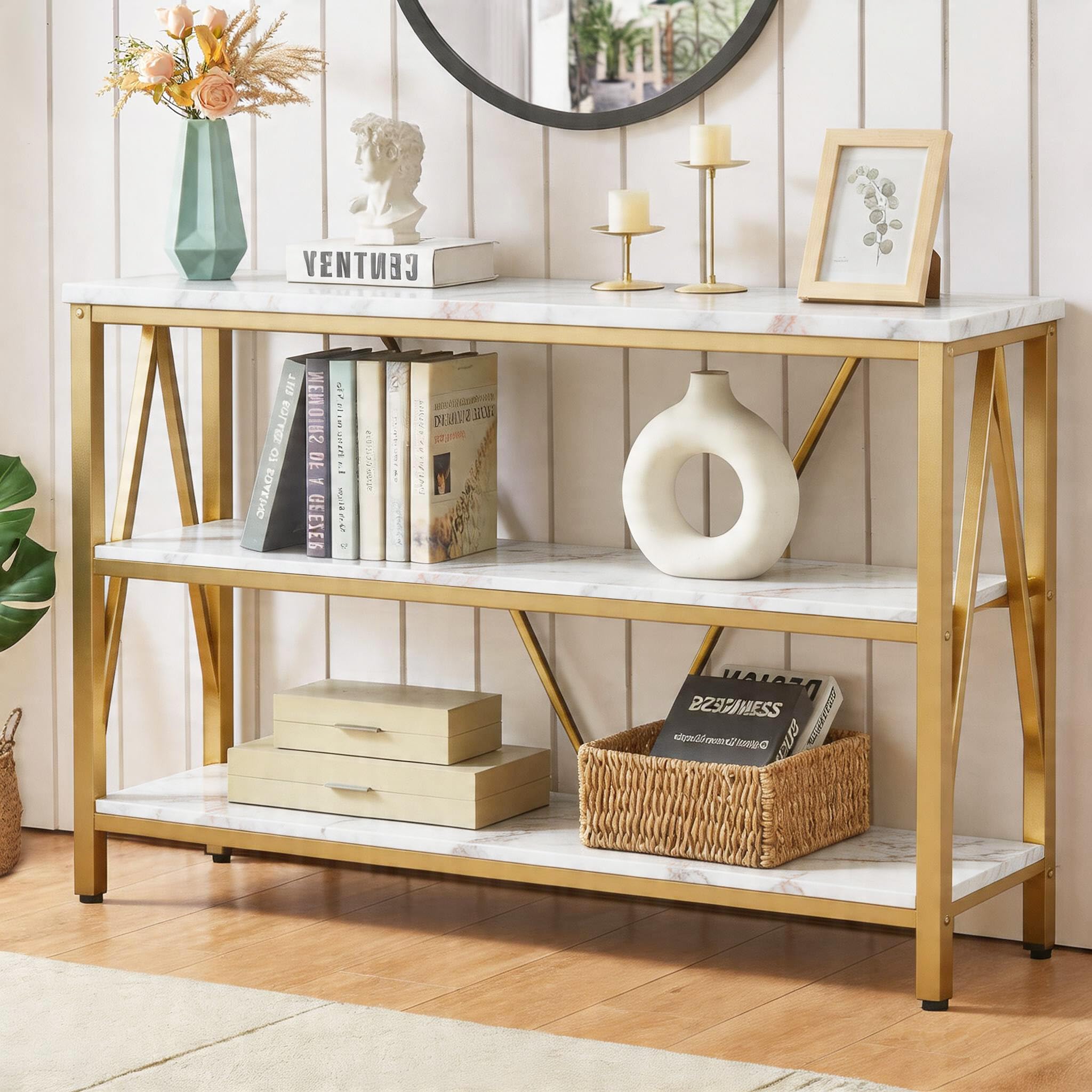 HOMISSUE Entryway Console Table, Rustic Console Table with Wide Storage, Industrial Foyer for Entryway with 3-Tier Open Shelves, Entry Tables for Living Room, Hallway, Brown, 47 Inch