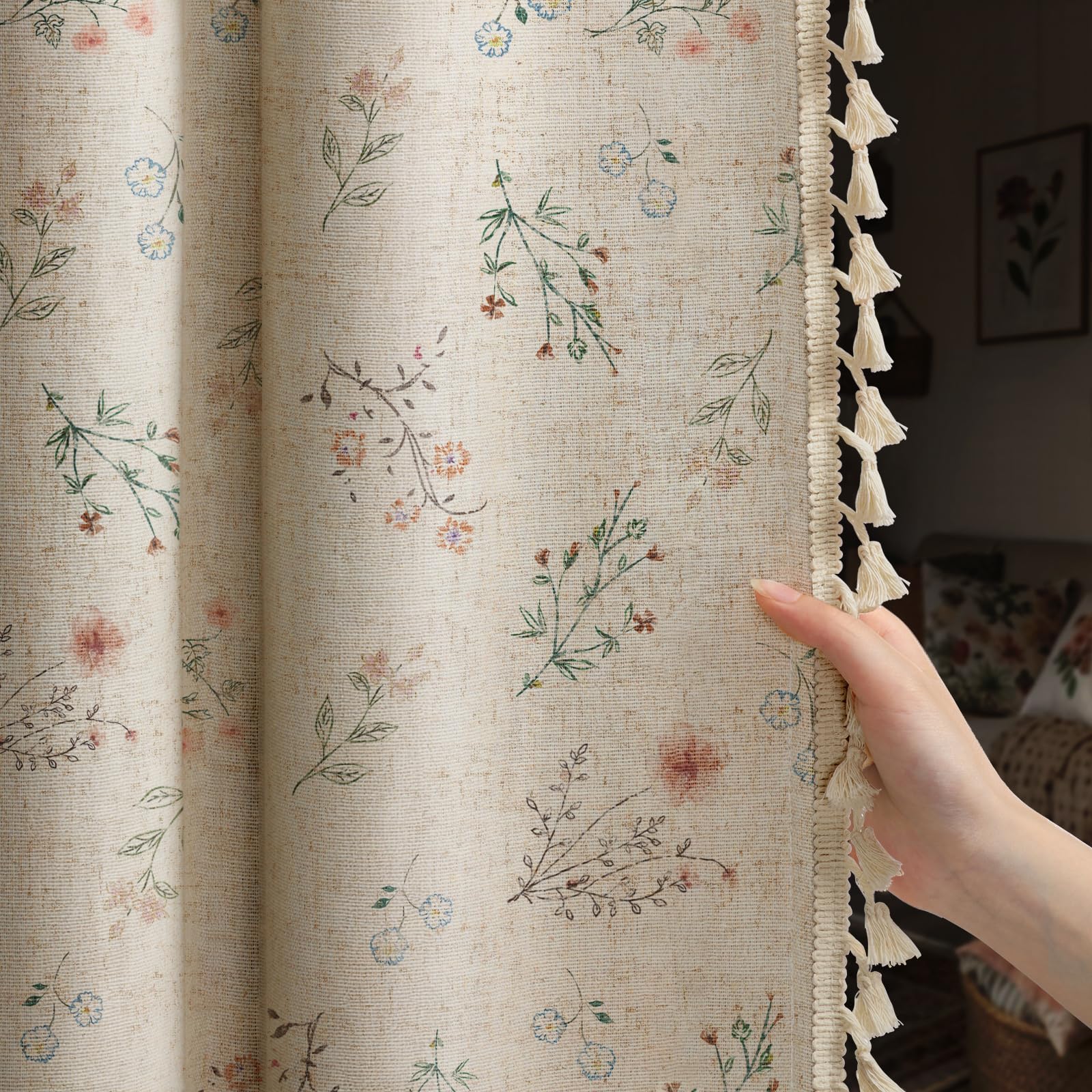 Boho Floral Spring Semi Sheer Curtains 84 Inch Length 2 Panels Set, Linen Texture Farmhouse Light Filtering Curtains Beige Tassel for Bedroom Living Room Vintage Rustic Patterned Printed Rod Pocket