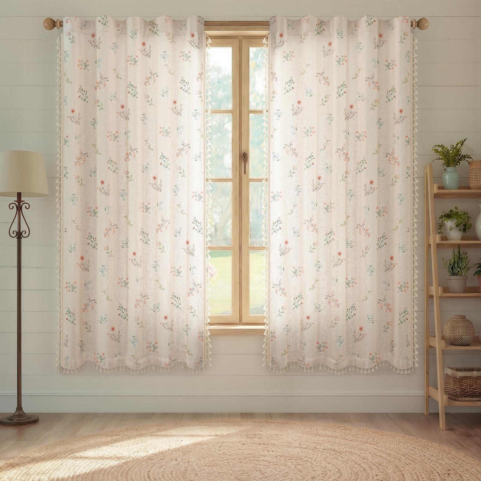 Boho Floral Spring Semi Sheer Curtains 84 Inch Length 2 Panels Set, Linen Texture Farmhouse Light Filtering Curtains Beige Tassel for Bedroom Living Room Vintage Rustic Patterned Printed Rod Pocket