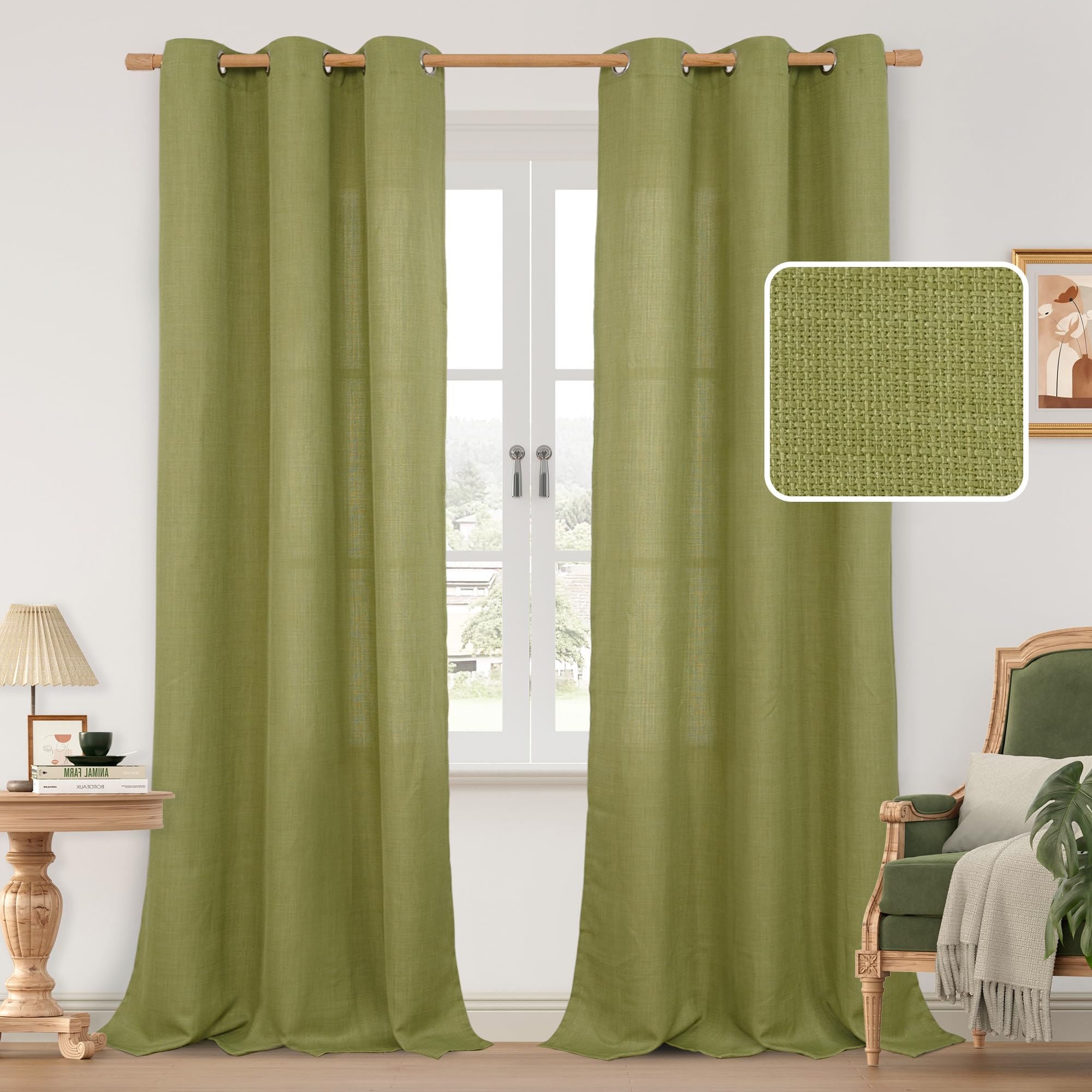 LAMIT Natural Cream Ivory Long Linen Curtains for Living Room, 108 inches Long Bronze Grommet Light Filtering Window Textured Neutral Sheer Drapes for Bedroom Farmhouse, 2 Panels, 52 x 108 Inch