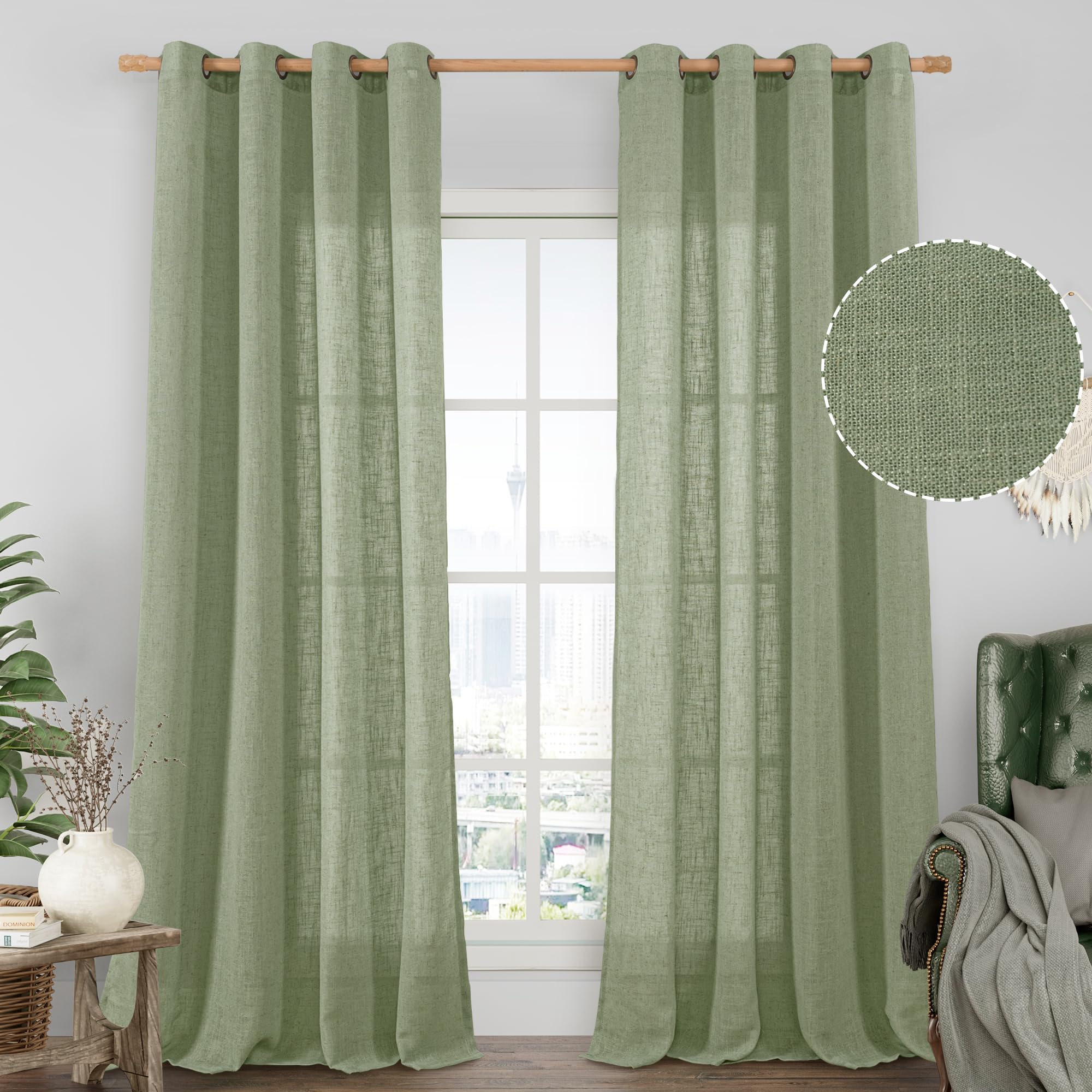 LAMIT Natural Cream Ivory Long Linen Curtains for Living Room, 108 inches Long Bronze Grommet Light Filtering Window Textured Neutral Sheer Drapes for Bedroom Farmhouse, 2 Panels, 52 x 108 Inch