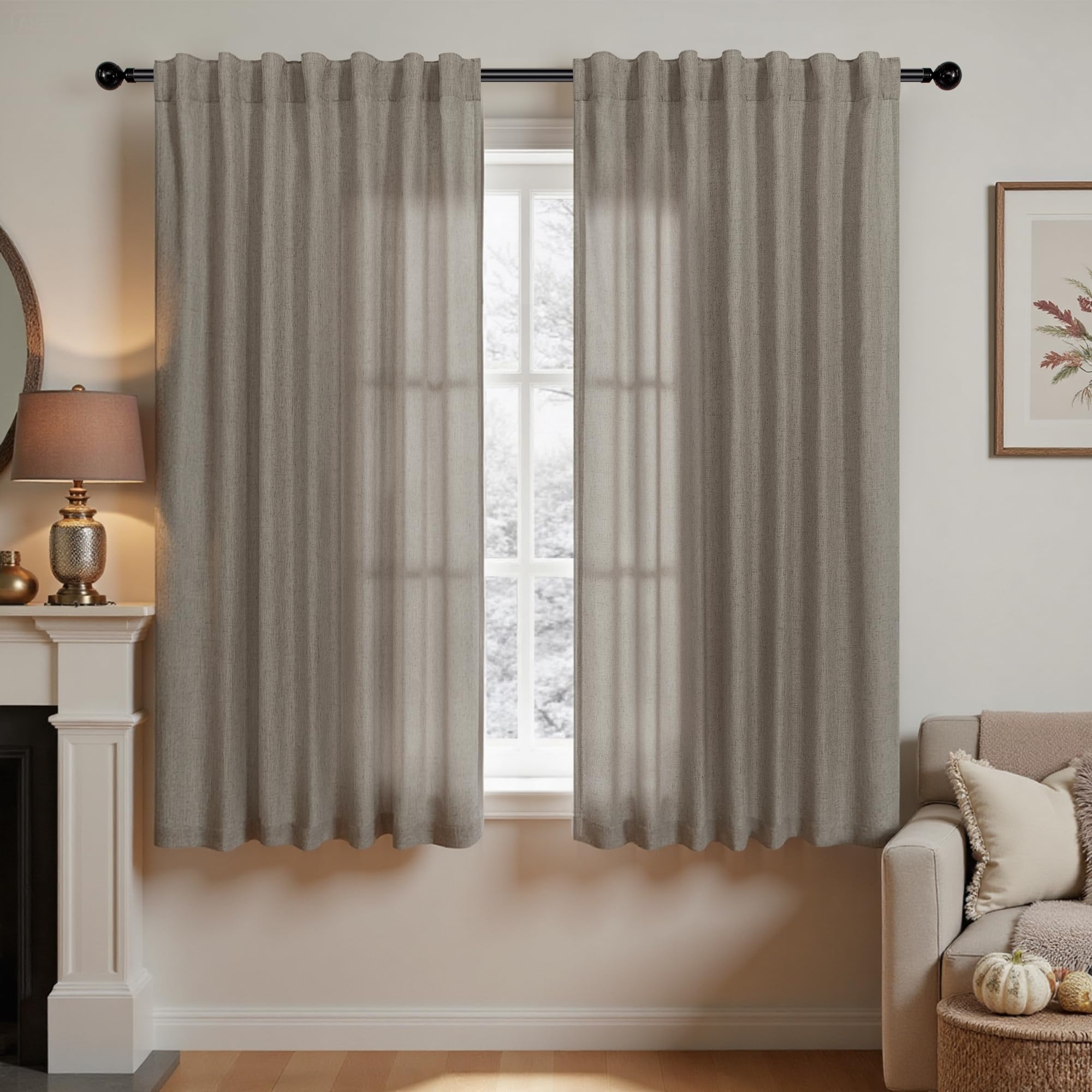 KOUFALL 92 Inch Curtains for Living Room 2 Panels Set,Light Filtering Farmhouse Boho Linen Semi Sheer Curtain Drapes 92 Inches Long for Bedroom,Cream Ivory