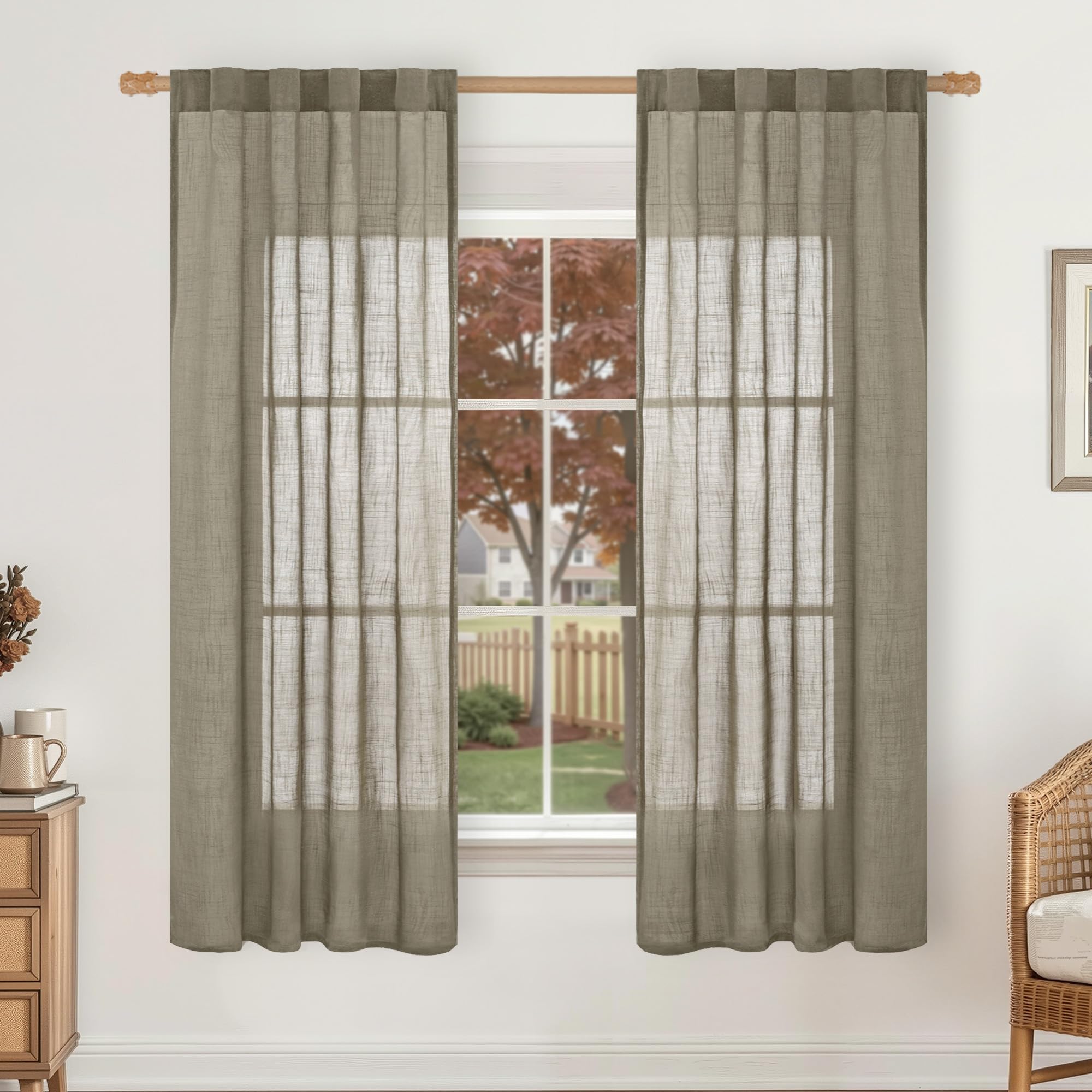 LAMIT Natural Linen Sheer Curtains 90 Inches Long 2 Panels, Long Light Filtering Window Treatments Back Tab and Rod Pocket Farmhouse Boho Panels for Living Room/Bedroom/Dining Room, 52 x 90 Inch