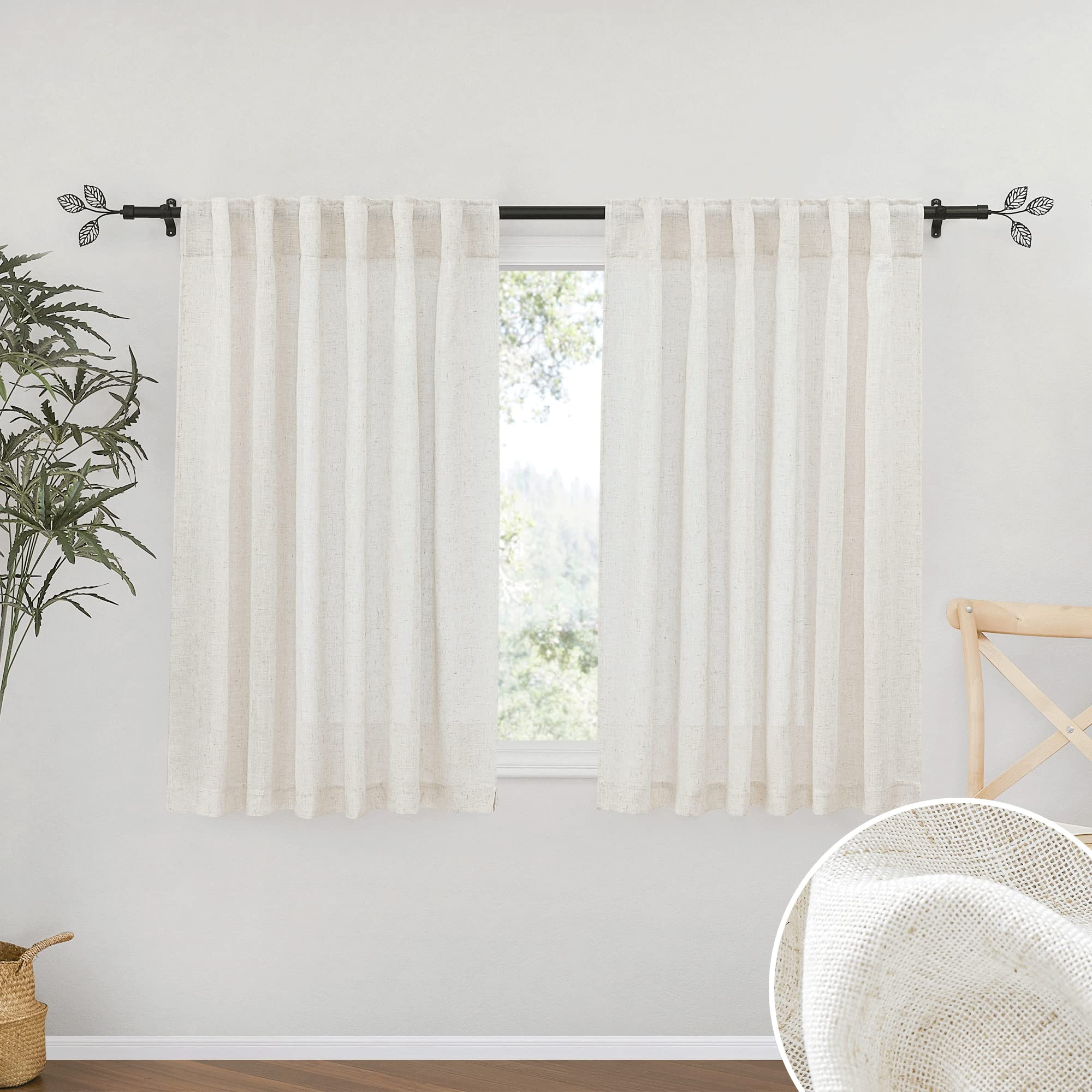RYB HOME Semi Sheer Curtains 102 inches Long, Back Tab Light Filtration Half Privacy Window Curtains & Drapes for Bedroom Living Room, Linen, W 52 x L 102 inches, 2 Panels Set