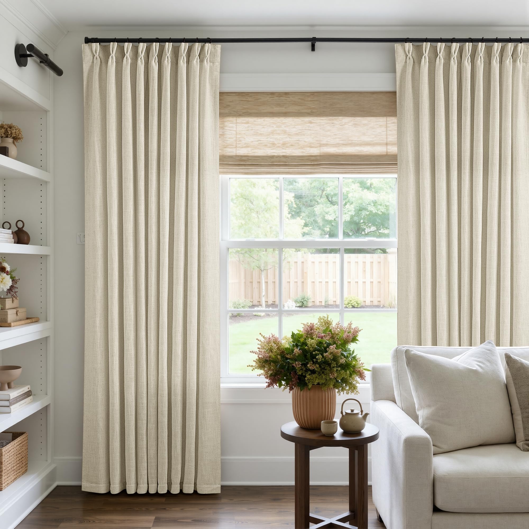 Natural Pinch Pleated Linen Curtains 84 Inch Length 2 Panels for Living Room Bedroom Textured Cream Ivory Birch Semi Sheer Boho Neutral Back Tab Pinch Pleat Hooks Rings Window Curtain 84 Inches Long