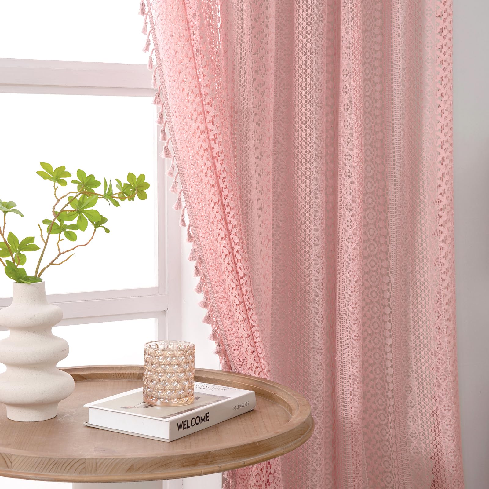 WAZZIO Boho Lace Curtains 108 Inch 2 Panel,Light Filtering Privacy Tassel & Geometry Crochet Semi Sheer Curtain Drapes for Bedroom Living Dining Room,Rod Pocket & Tassel,Vintage Farmhouse Decor,Beige