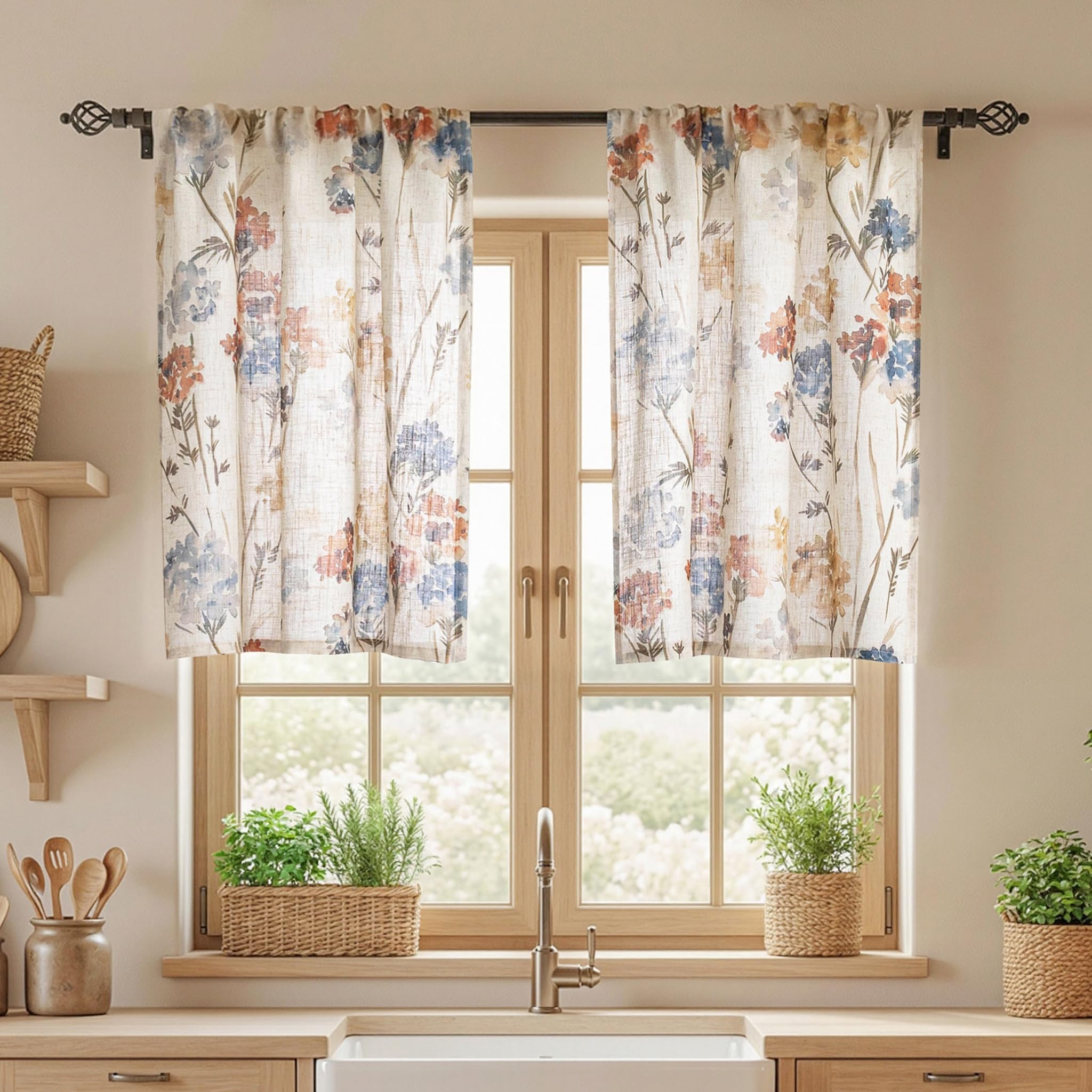 MYSKY HOME Sage Green Floral Linen Spring Curtains 84 inch Long 2 Panels Set Semi Sheer Light Filtering Farmhouse Flower Pattern Grommet Top for Living Room Bedroom, 52" W Each Panel