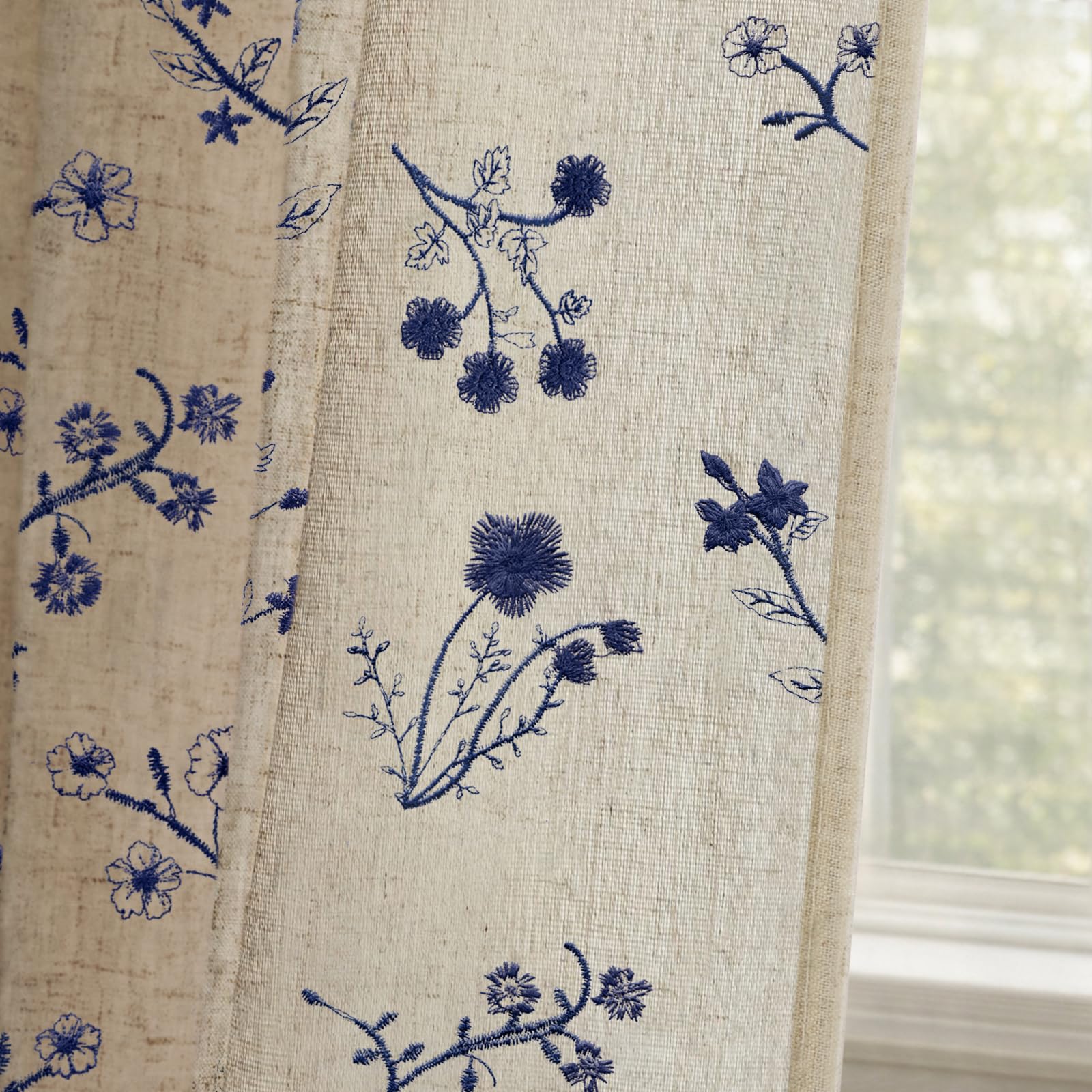 Boho Floral Spring Semi Sheer Curtains 84 Inch Length 2 Panels Set, Linen Texture Farmhouse Light Filtering Curtains Beige Tassel for Bedroom Living Room Vintage Rustic Patterned Printed Rod Pocket