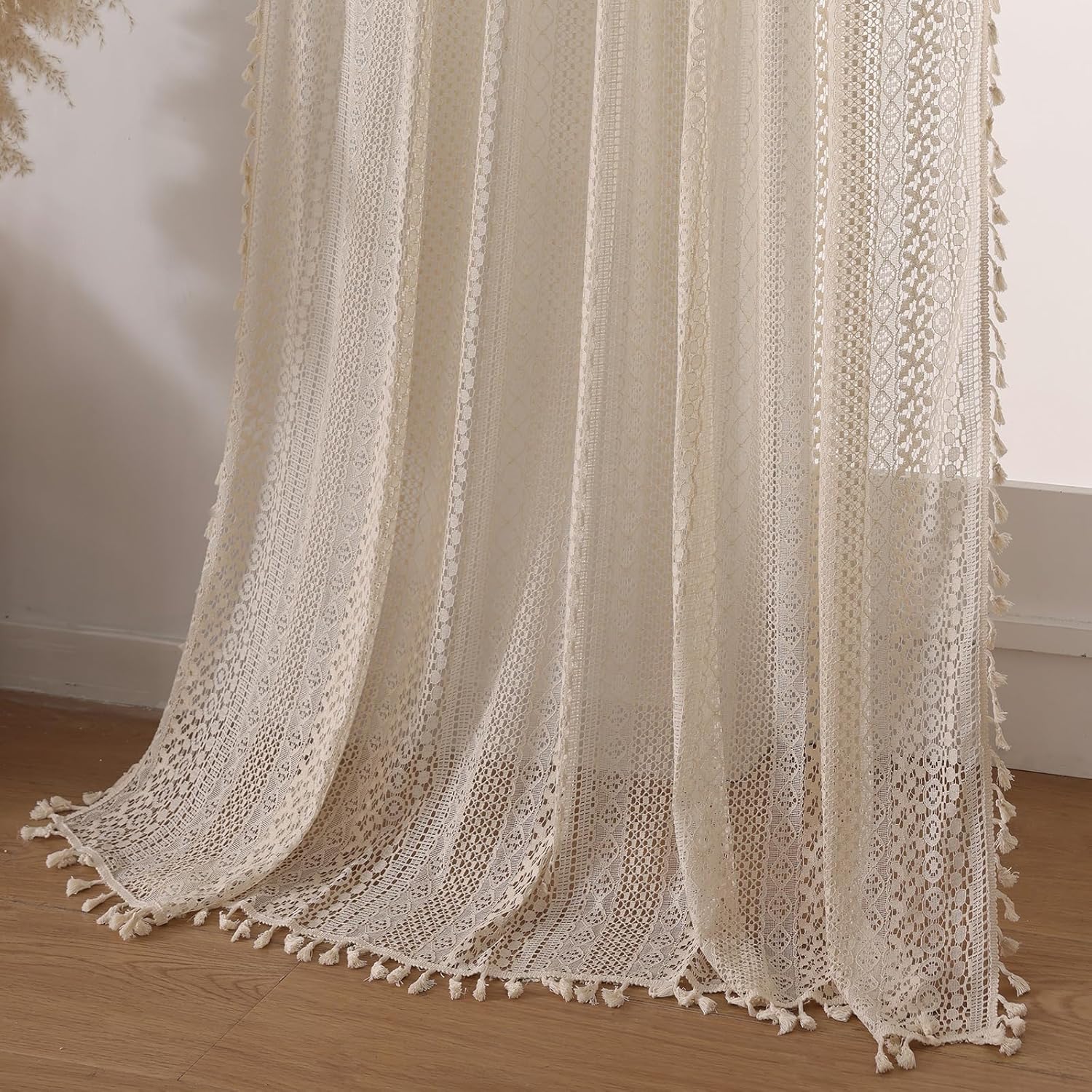 WAZZIO Boho Lace Curtains 108 Inch 2 Panel,Light Filtering Privacy Tassel & Geometry Crochet Semi Sheer Curtain Drapes for Bedroom Living Dining Room,Rod Pocket & Tassel,Vintage Farmhouse Decor,Beige