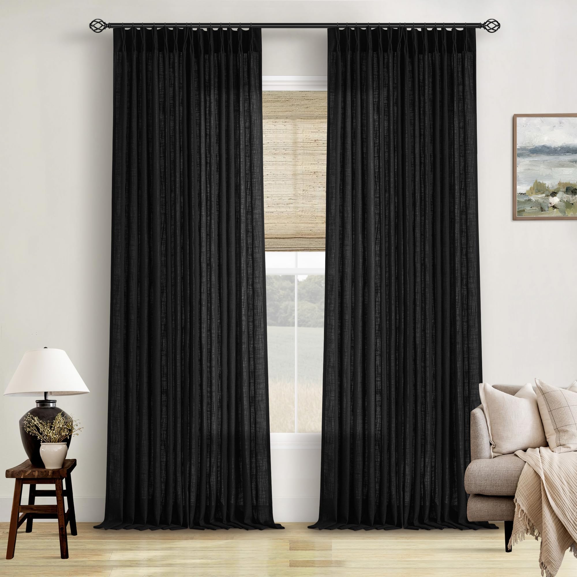 Natural Pinch Pleated Linen Curtains 84 Inch Length 2 Panels for Living Room Bedroom Textured Cream Ivory Birch Semi Sheer Boho Neutral Back Tab Pinch Pleat Hooks Rings Window Curtain 84 Inches Long