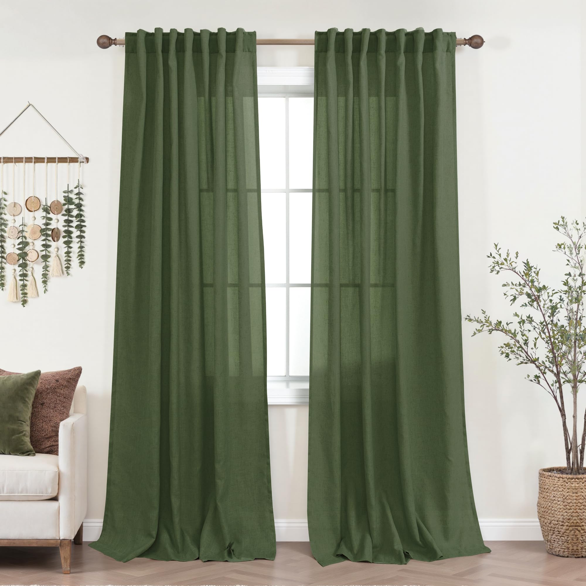 KOUFALL 92 Inch Curtains for Living Room 2 Panels Set,Light Filtering Farmhouse Boho Linen Semi Sheer Curtain Drapes 92 Inches Long for Bedroom,Cream Ivory