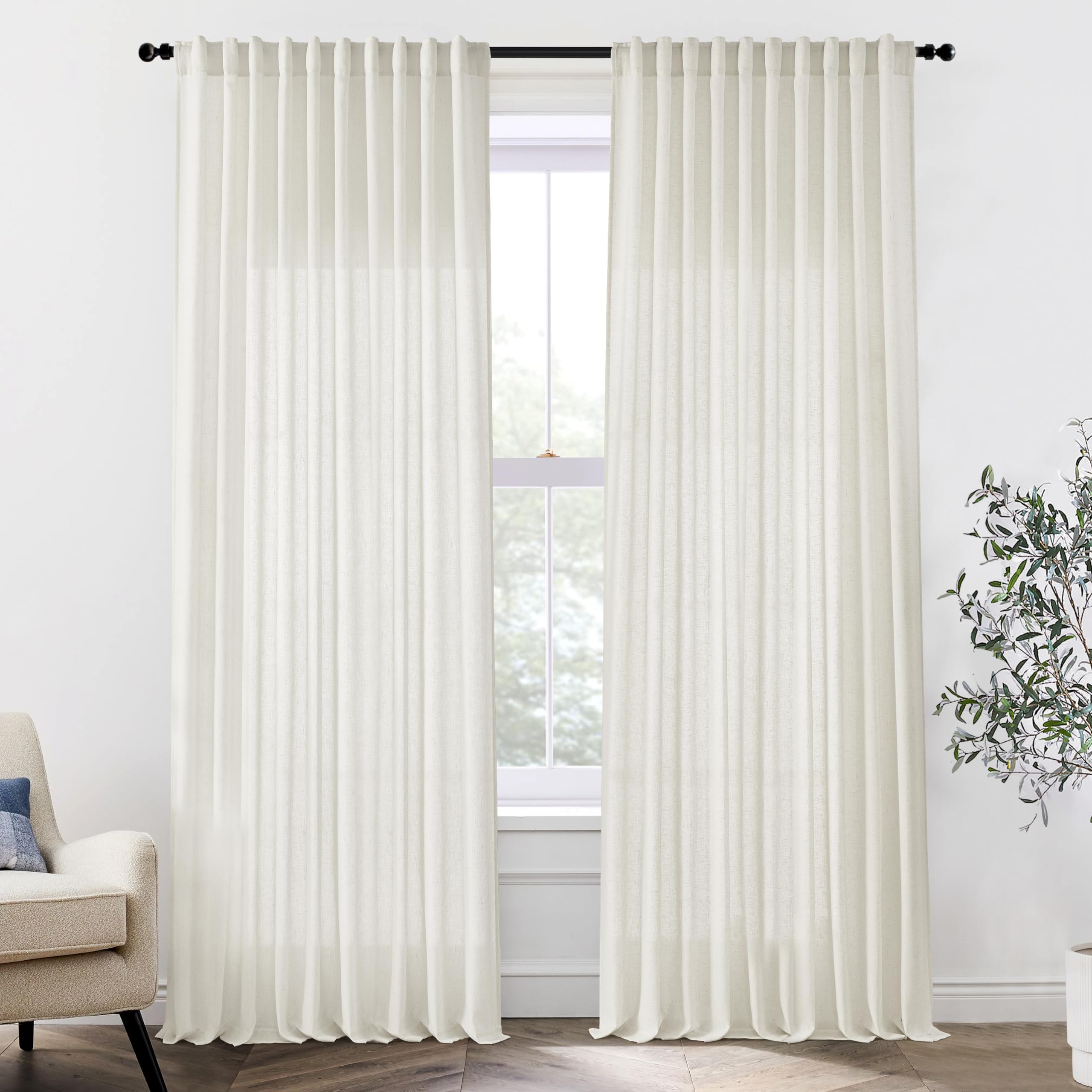 XTMYI 90 Inches Long Sheer Linen Curtains 2 Panels Set,Hook Tape Back Tab Semi Sheer Cotton Blend Fabric Modern Cottage Core Cottagecore Curtain Drapes for Living Room Bedroom,50x90 in Length