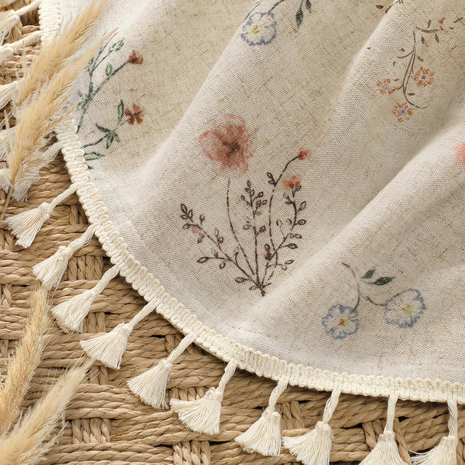 Boho Floral Spring Semi Sheer Curtains 84 Inch Length 2 Panels Set, Linen Texture Farmhouse Light Filtering Curtains Beige Tassel for Bedroom Living Room Vintage Rustic Patterned Printed Rod Pocket