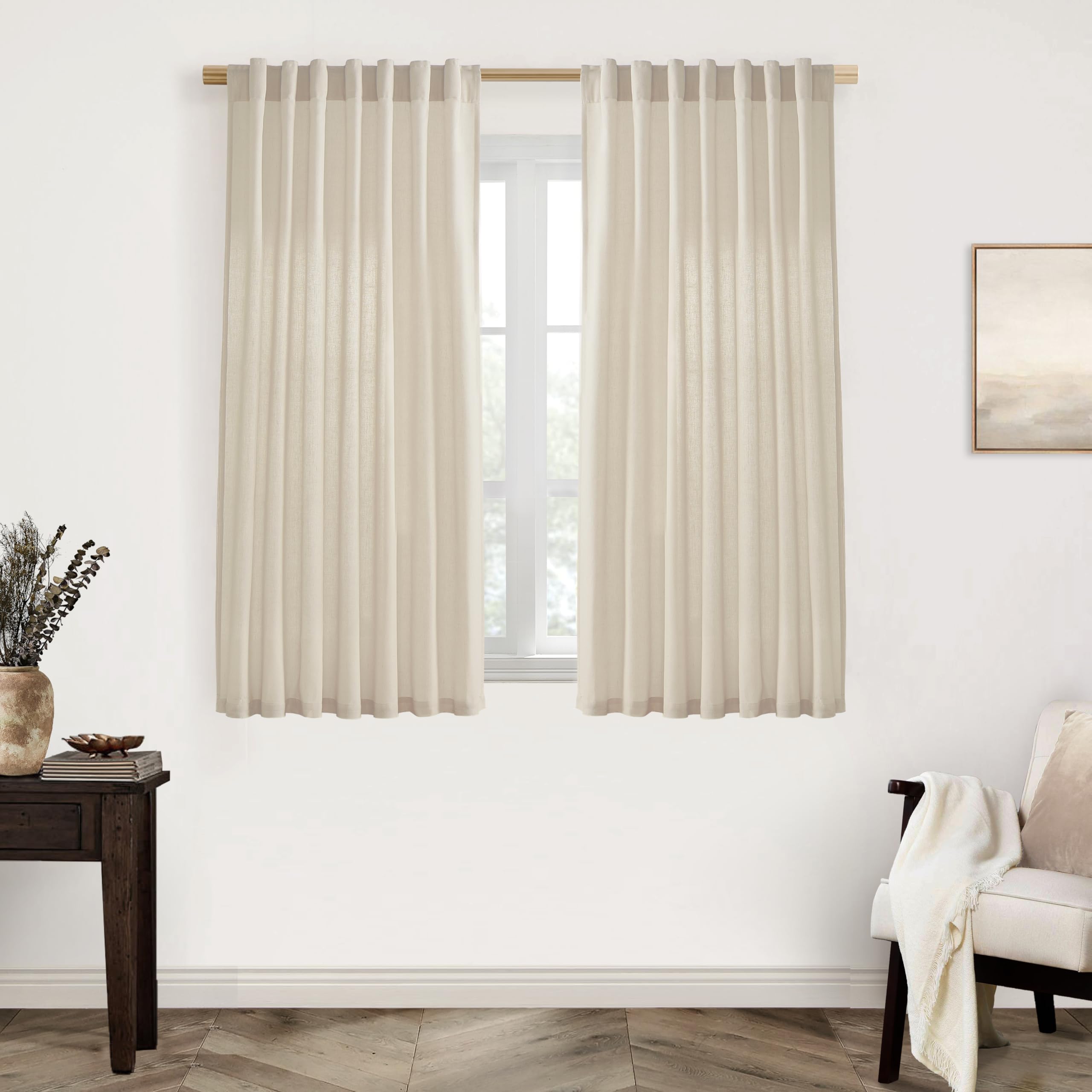 XTMYI 90 Inches Long Sheer Linen Curtains 2 Panels Set,Hook Tape Back Tab Semi Sheer Cotton Blend Fabric Modern Cottage Core Cottagecore Curtain Drapes for Living Room Bedroom,50x90 in Length