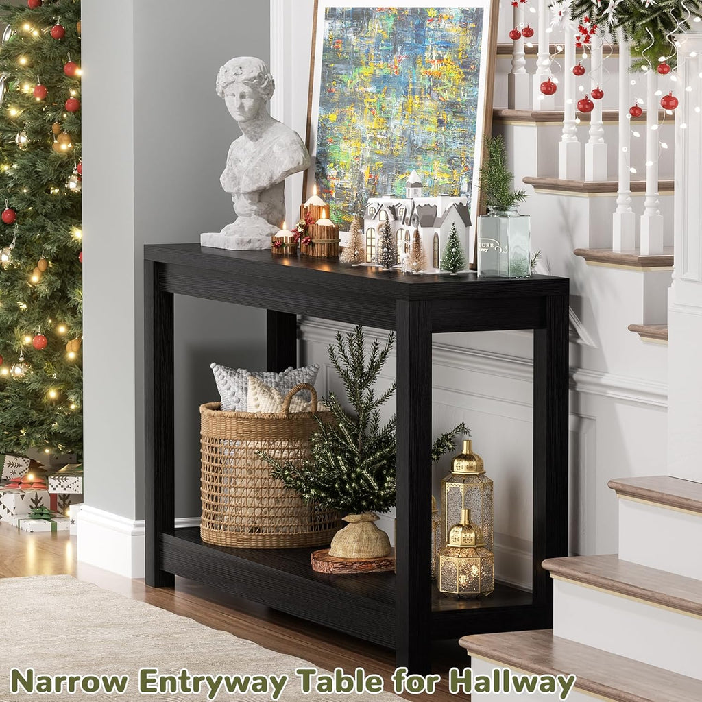 Besiost 32" Black Grain Wood Narrow Entryway Table with Shelf Storage & Simple Assembly