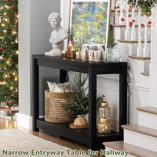 Besiost 32" Black Grain Wood Narrow Entryway Table with Shelf Storage & Simple Assembly