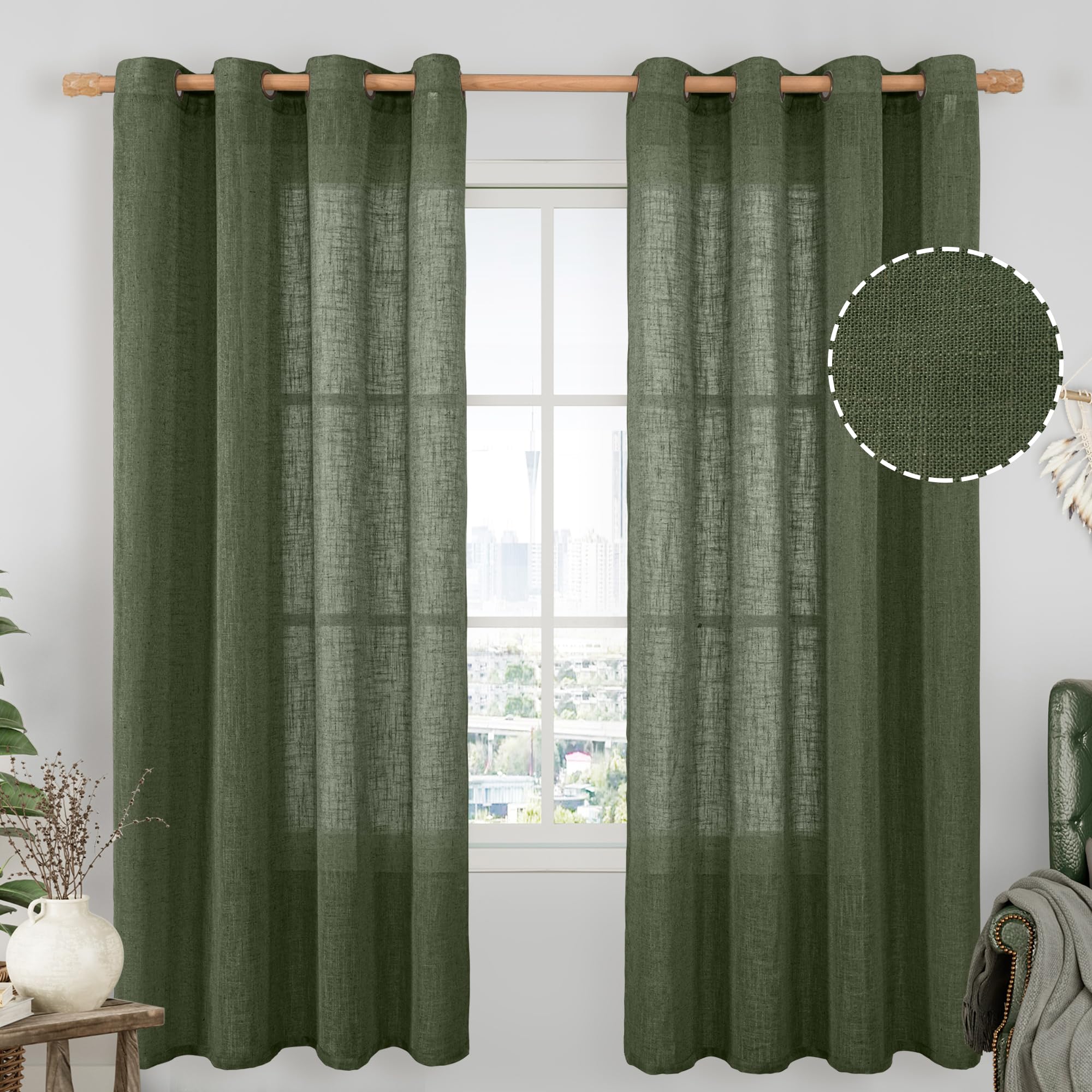 LAMIT Natural Cream Ivory Long Linen Curtains for Living Room, 108 inches Long Bronze Grommet Light Filtering Window Textured Neutral Sheer Drapes for Bedroom Farmhouse, 2 Panels, 52 x 108 Inch
