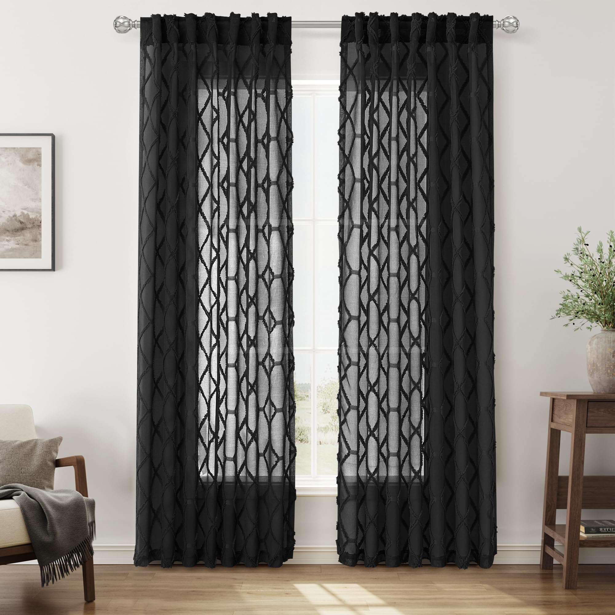 108" Beige Linen Sheer Curtains, 2 Panels, Tuft Pattern for Living Room & Bedroom