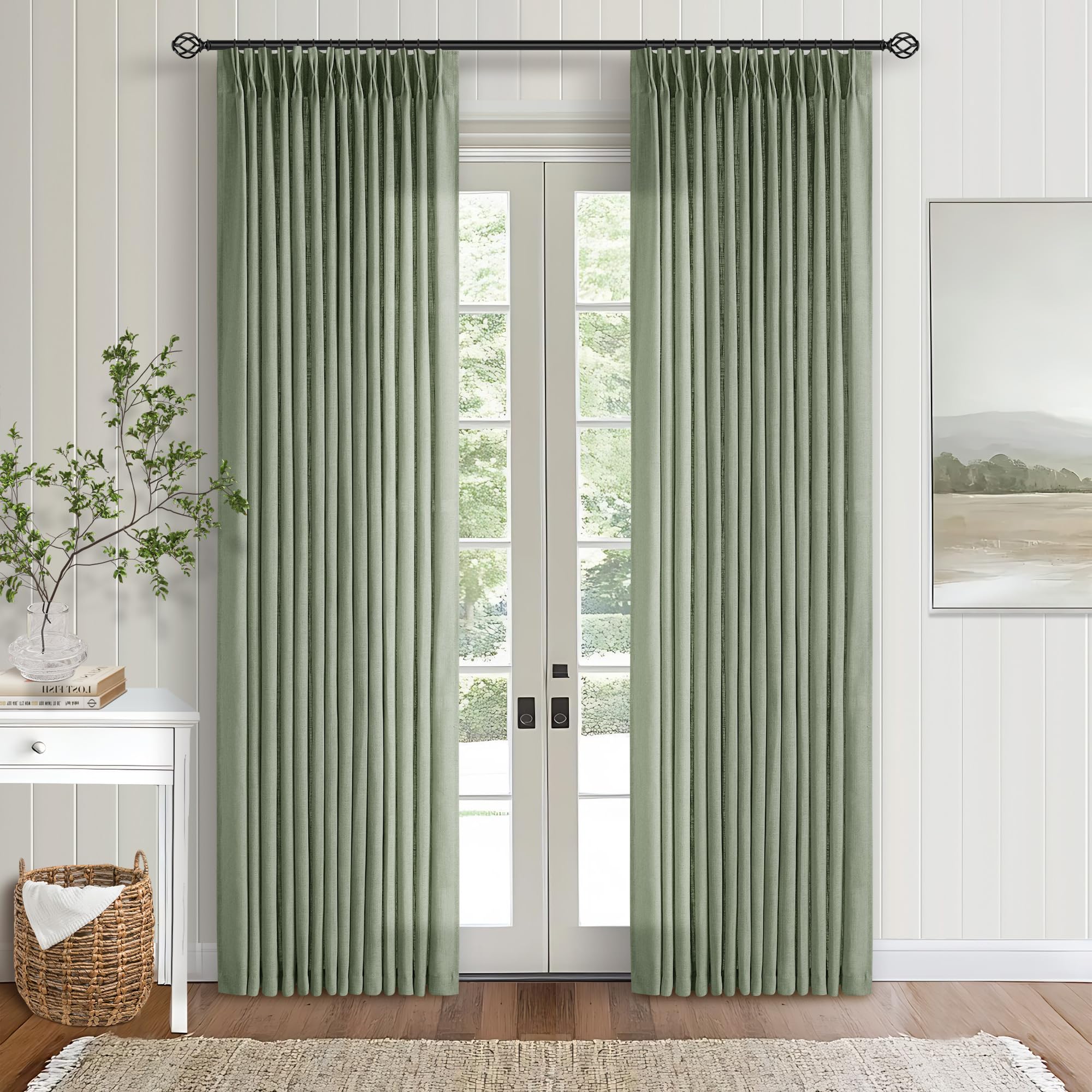 Natural Pinch Pleated Linen Curtains 84 Inch Length 2 Panels for Living Room Bedroom Textured Cream Ivory Birch Semi Sheer Boho Neutral Back Tab Pinch Pleat Hooks Rings Window Curtain 84 Inches Long