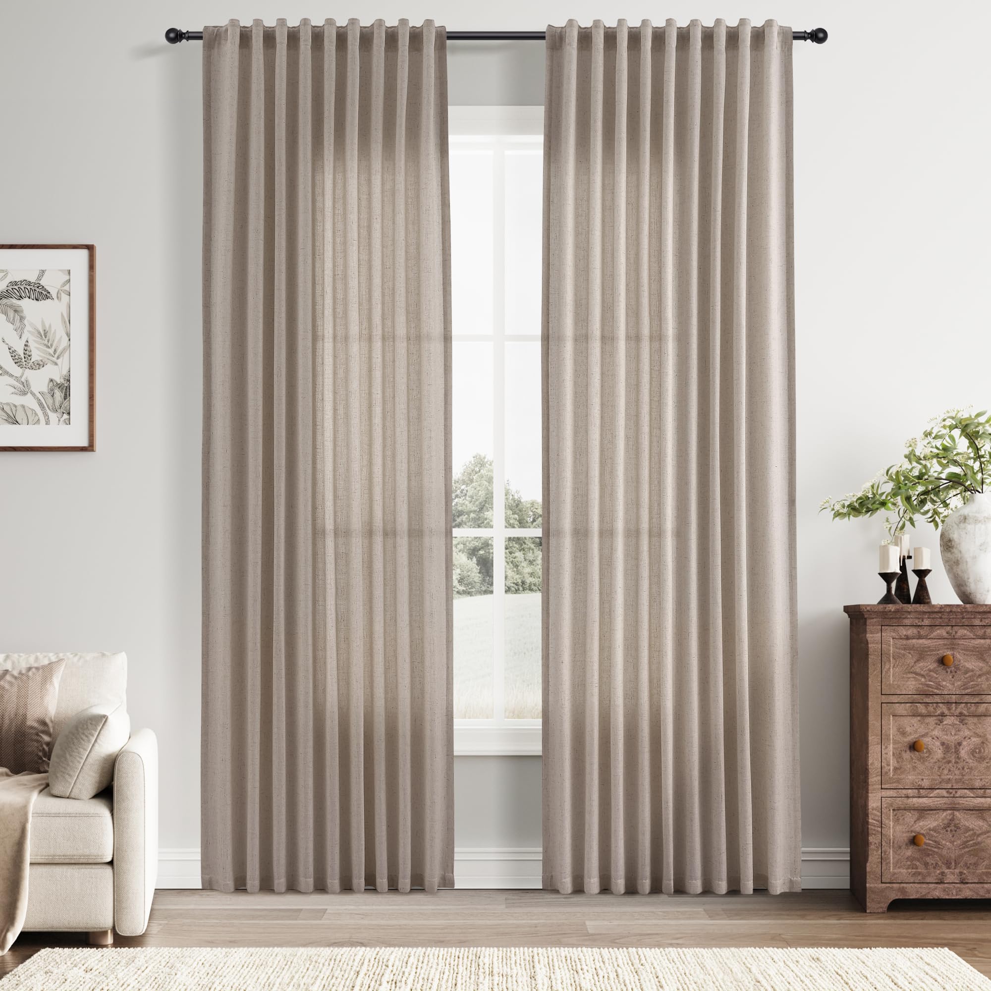 Nanspring Linen Curtains 80 Inches Long for Living Room Semi Sheer Light Filtering Curtain Back Tab Neutral Boho Modern Farmhouse Window Drapes for Bedroom 52x80 2 Panels Cream Ivory Beige Natural