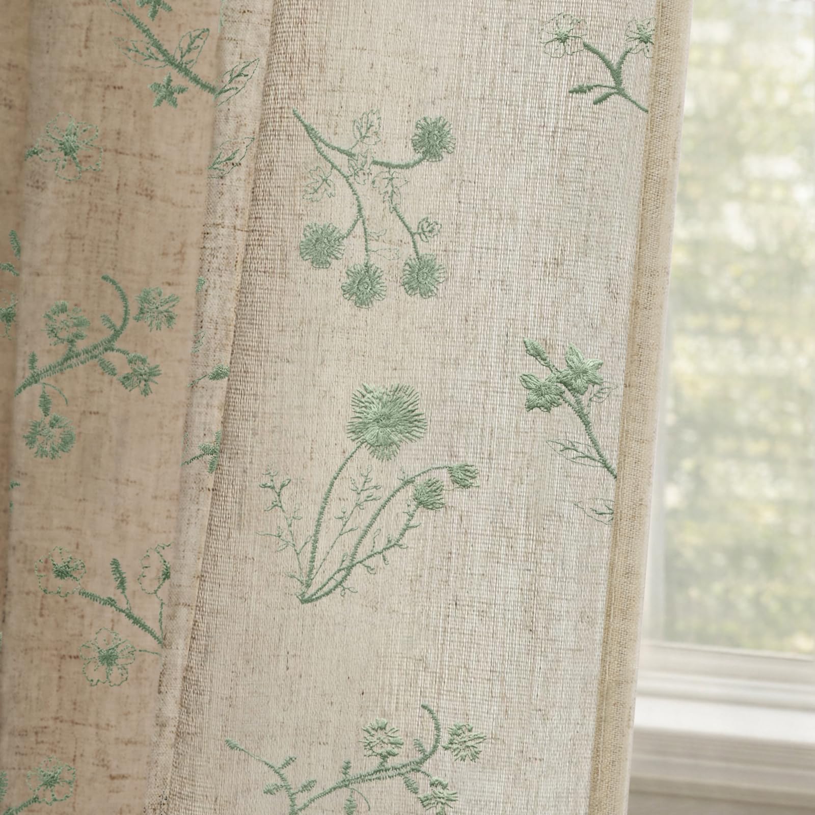 Boho Floral Spring Semi Sheer Curtains 84 Inch Length 2 Panels Set, Linen Texture Farmhouse Light Filtering Curtains Beige Tassel for Bedroom Living Room Vintage Rustic Patterned Printed Rod Pocket
