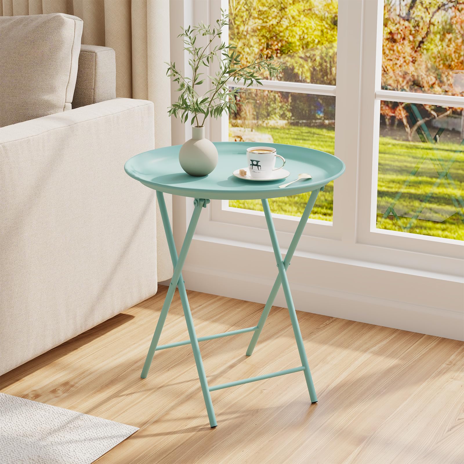 Garden 4 you Folding TV Tray Table, Metal Round Side Table, Blue Dinner Table with Metal Frame, Modern Outdoor Tray Table for Living Room, Bedroom, Patio & Small Spaces, 2 Packs