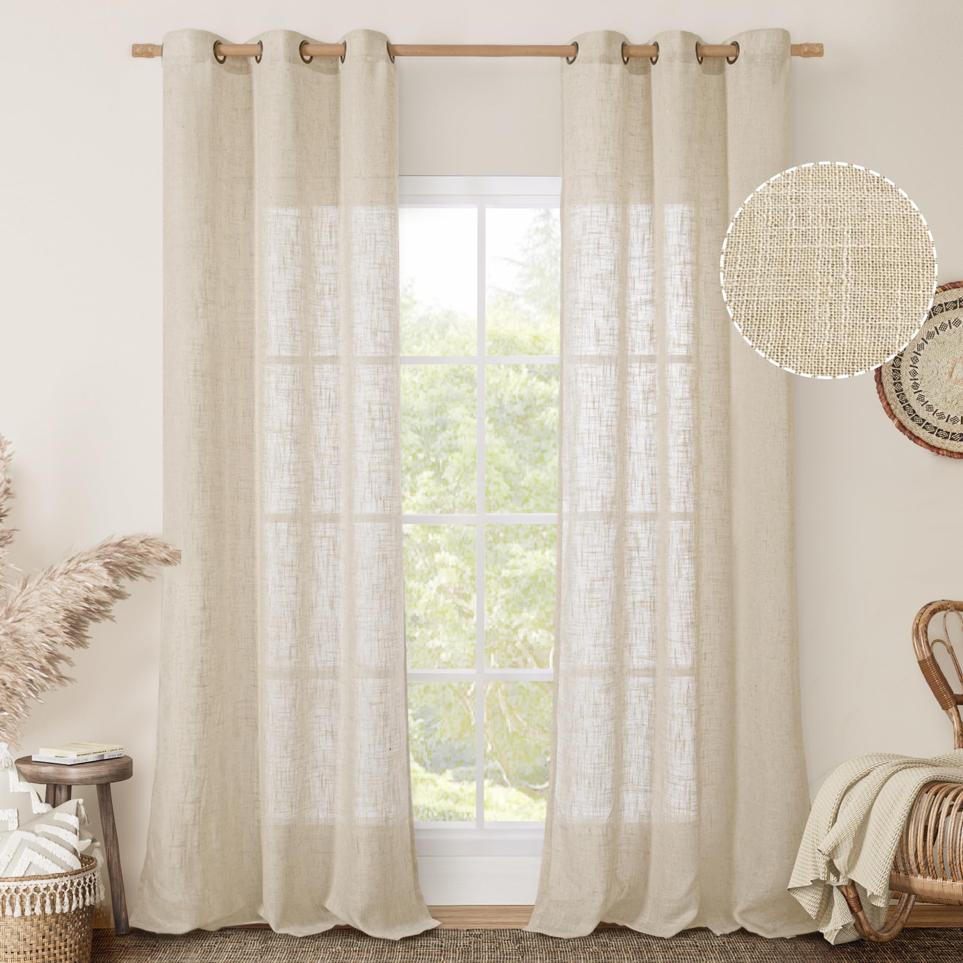 LAMIT Natural Cream Ivory Long Linen Curtains for Living Room, 108 inches Long Bronze Grommet Light Filtering Window Textured Neutral Sheer Drapes for Bedroom Farmhouse, 2 Panels, 52 x 108 Inch