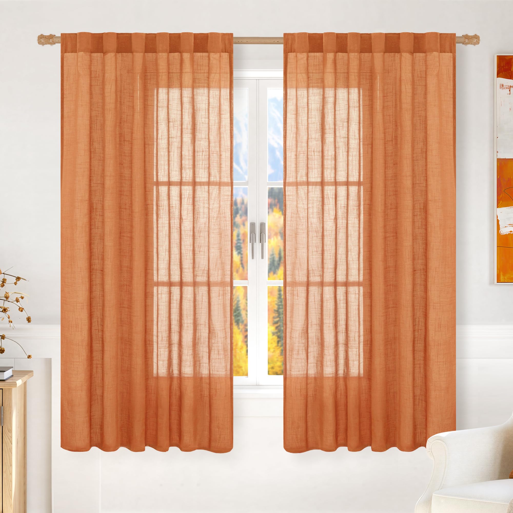 LAMIT Natural Linen Sheer Curtains 90 Inches Long 2 Panels, Long Light Filtering Window Treatments Back Tab and Rod Pocket Farmhouse Boho Panels for Living Room/Bedroom/Dining Room, 52 x 90 Inch
