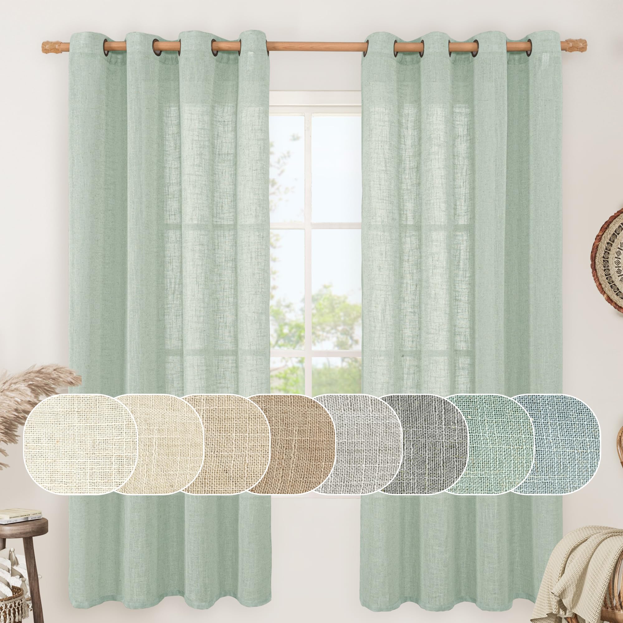 LAMIT Natural Cream Ivory Long Linen Curtains for Living Room, 108 inches Long Bronze Grommet Light Filtering Window Textured Neutral Sheer Drapes for Bedroom Farmhouse, 2 Panels, 52 x 108 Inch
