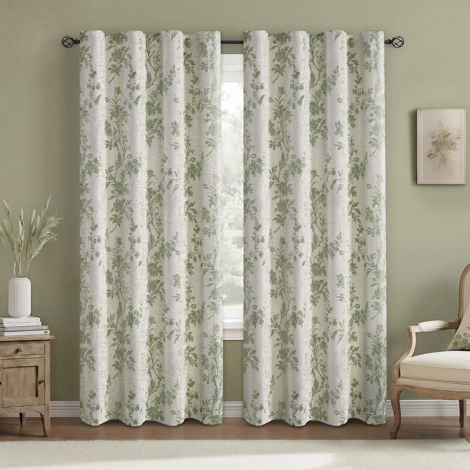 Boho Floral Spring Semi Sheer Curtains 84 Inch Length 2 Panels Set, Linen Texture Farmhouse Light Filtering Curtains Beige Tassel for Bedroom Living Room Vintage Rustic Patterned Printed Rod Pocket