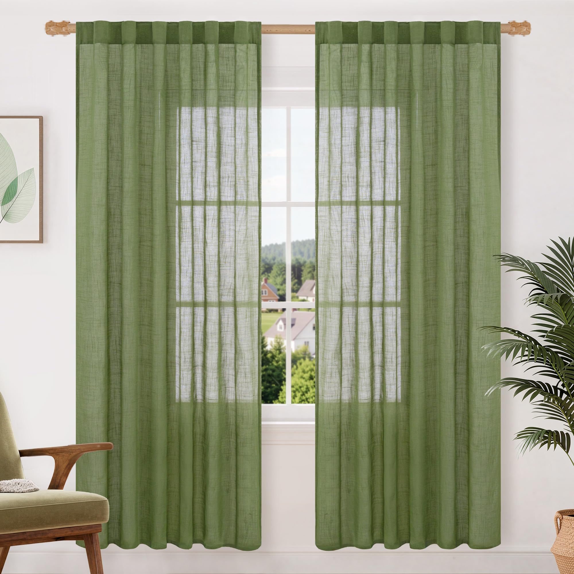 LAMIT Natural Linen Sheer Curtains 90 Inches Long 2 Panels, Long Light Filtering Window Treatments Back Tab and Rod Pocket Farmhouse Boho Panels for Living Room/Bedroom/Dining Room, 52 x 90 Inch