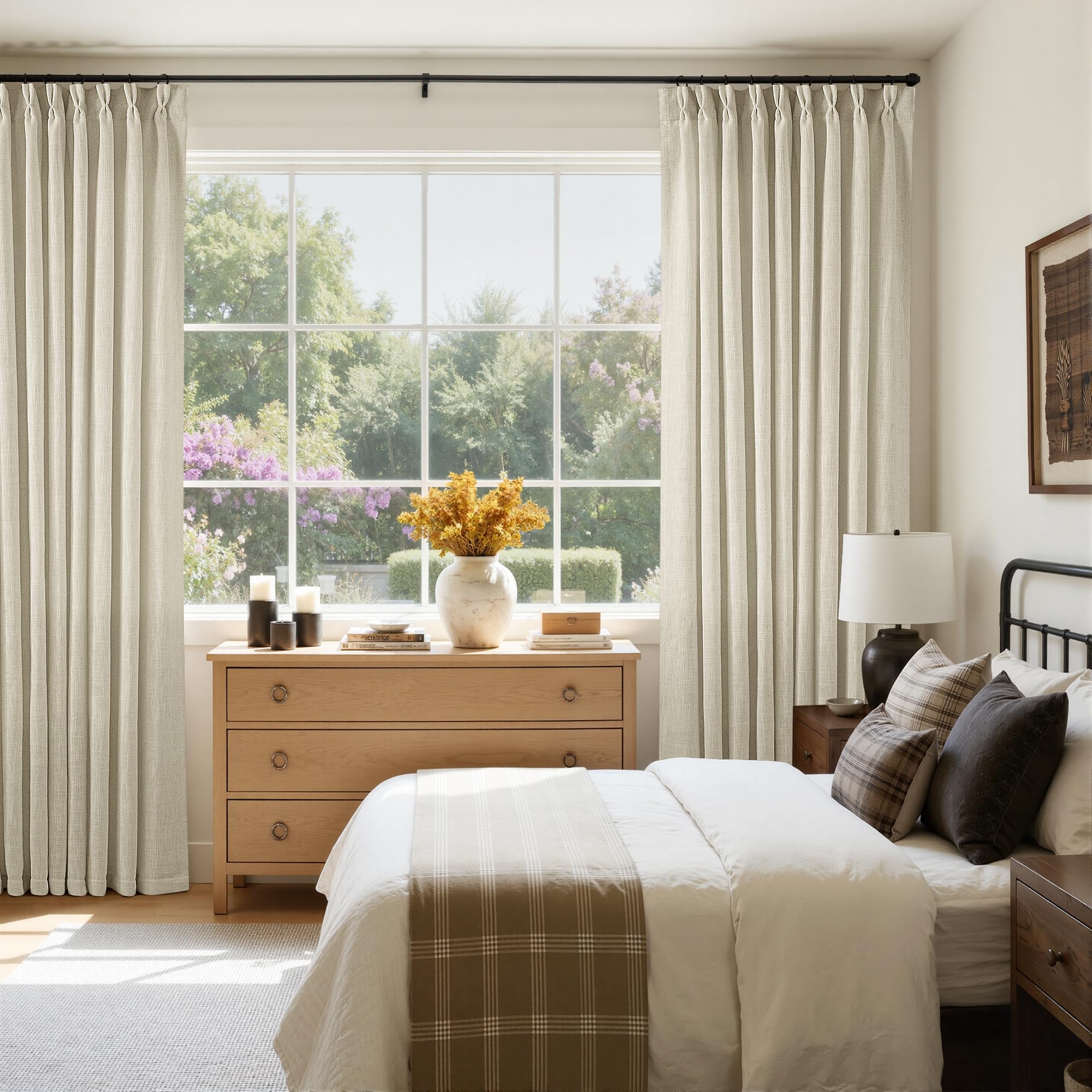 Natural Pinch Pleated Linen Curtains 84 Inch Length 2 Panels for Living Room Bedroom Textured Cream Ivory Birch Semi Sheer Boho Neutral Back Tab Pinch Pleat Hooks Rings Window Curtain 84 Inches Long