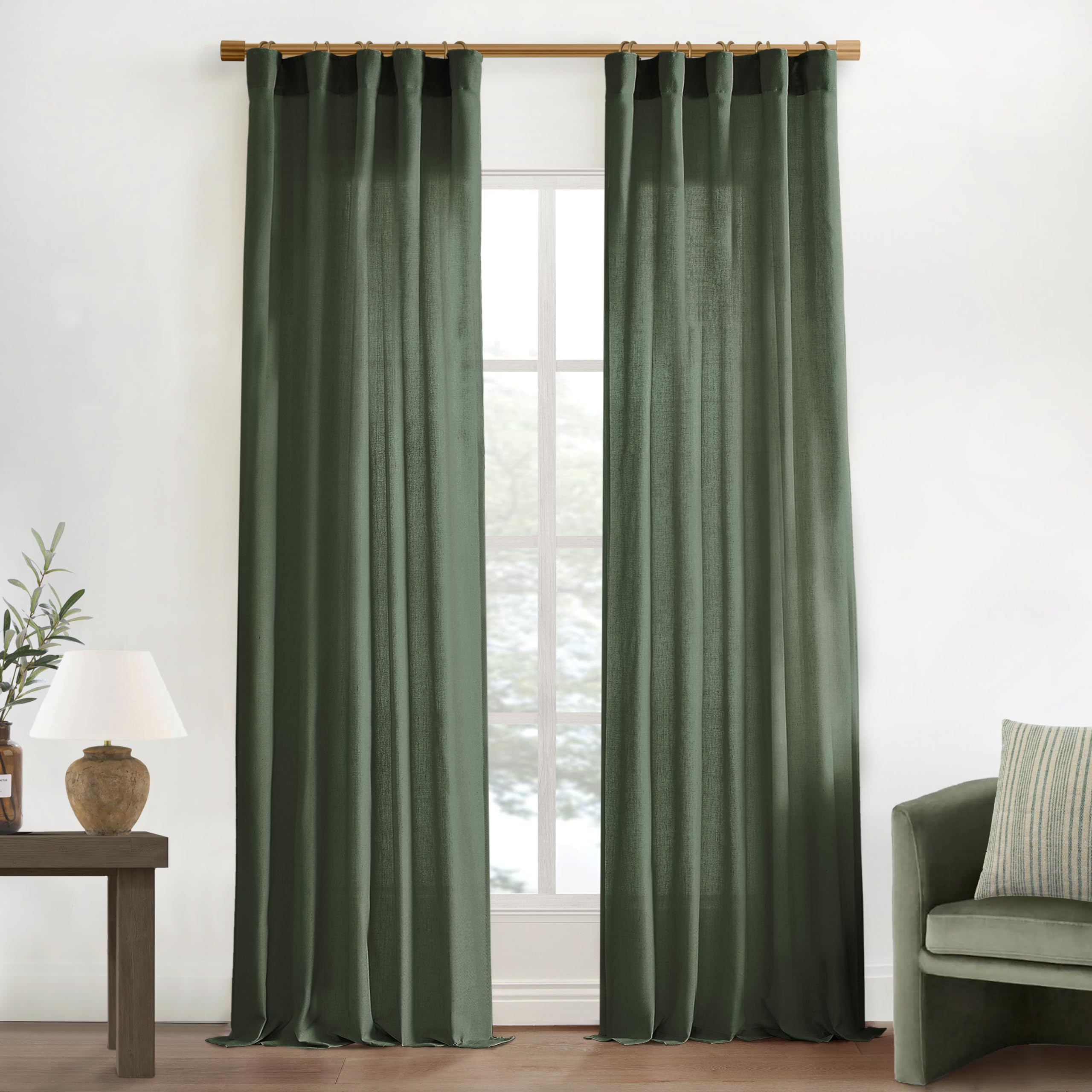 XTMYI 90 Inches Long Sheer Linen Curtains 2 Panels Set,Hook Tape Back Tab Semi Sheer Cotton Blend Fabric Modern Cottage Core Cottagecore Curtain Drapes for Living Room Bedroom,50x90 in Length