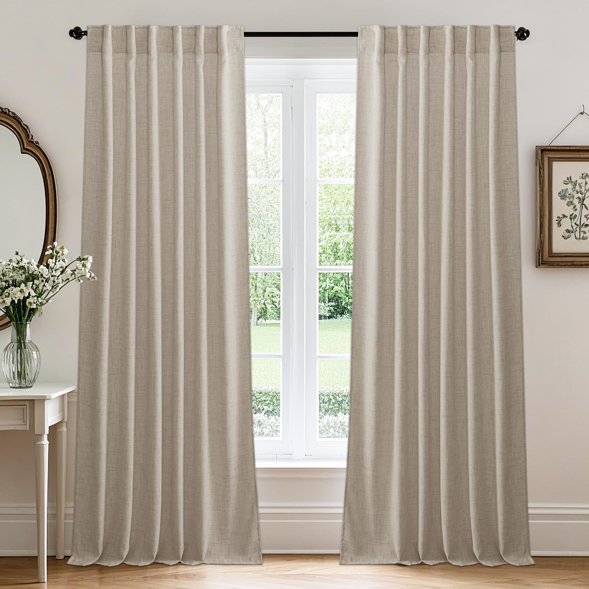 RYB HOME Semi Sheer Curtains 102 inches Long, Back Tab Light Filtration Half Privacy Window Curtains & Drapes for Bedroom Living Room, Linen, W 52 x L 102 inches, 2 Panels Set