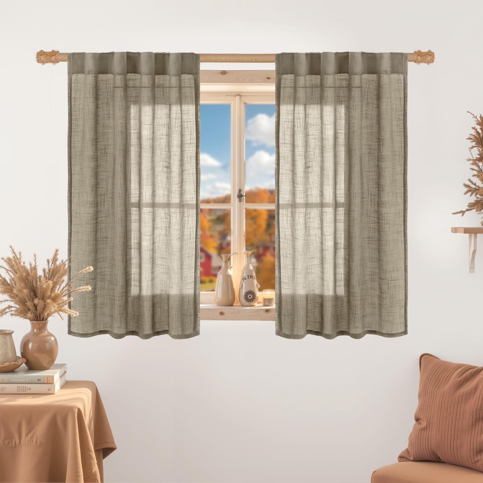 LAMIT Natural Linen Sheer Curtains 90 Inches Long 2 Panels, Long Light Filtering Window Treatments Back Tab and Rod Pocket Farmhouse Boho Panels for Living Room/Bedroom/Dining Room, 52 x 90 Inch