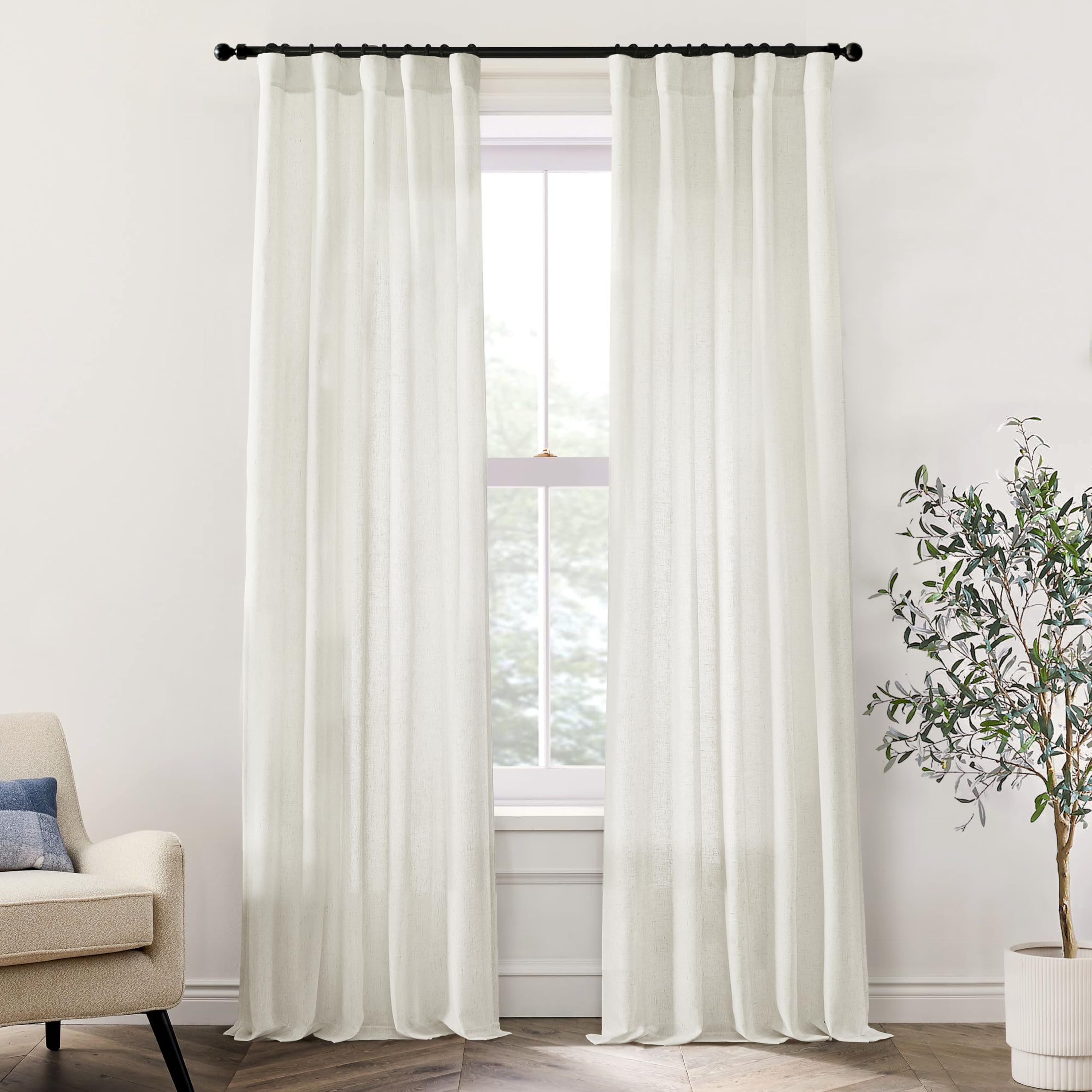 XTMYI 90 Inches Long Sheer Linen Curtains 2 Panels Set,Hook Tape Back Tab Semi Sheer Cotton Blend Fabric Modern Cottage Core Cottagecore Curtain Drapes for Living Room Bedroom,50x90 in Length