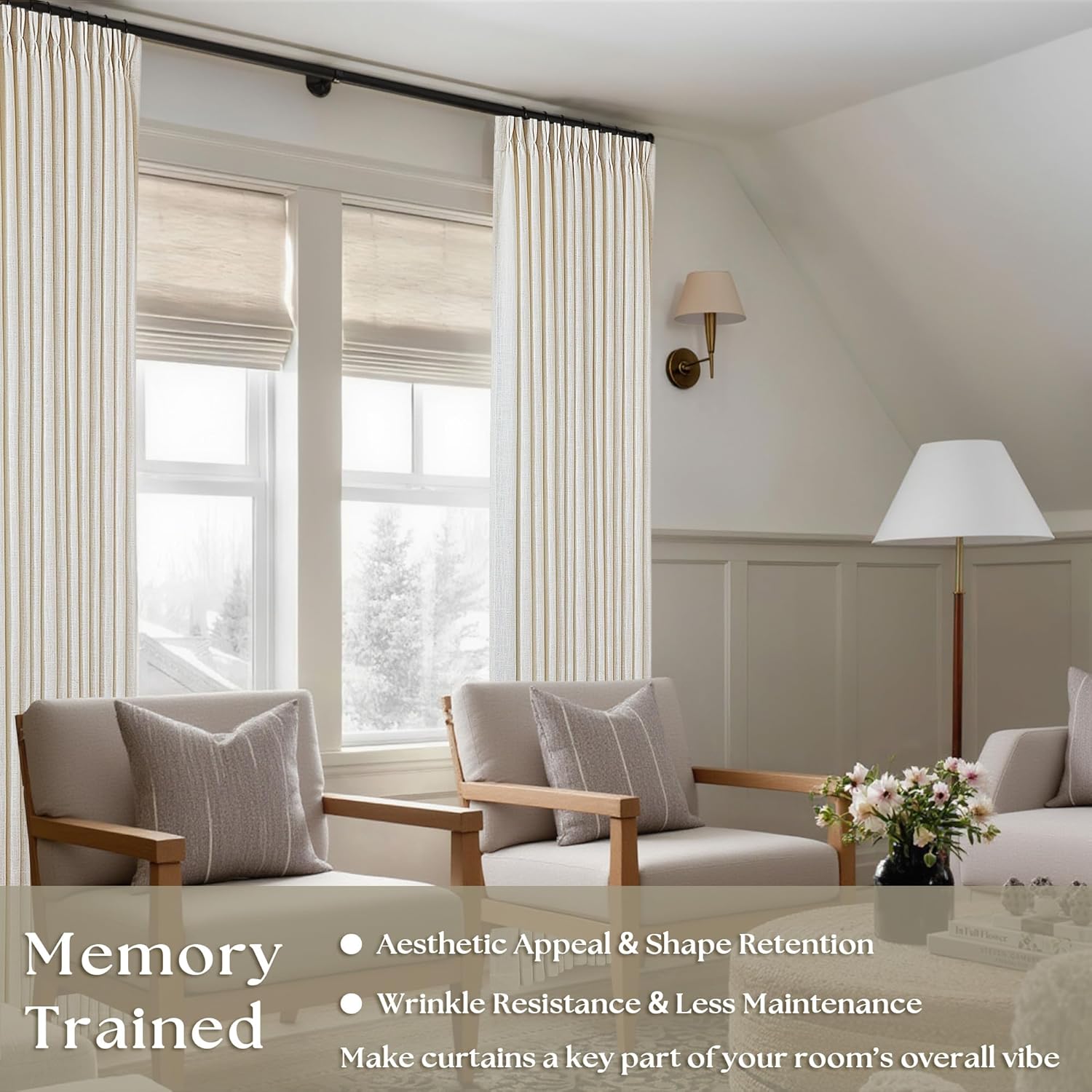 Natural Pinch Pleated Linen Curtains 84 Inch Length 2 Panels for Living Room Bedroom Textured Cream Ivory Birch Semi Sheer Boho Neutral Back Tab Pinch Pleat Hooks Rings Window Curtain 84 Inches Long