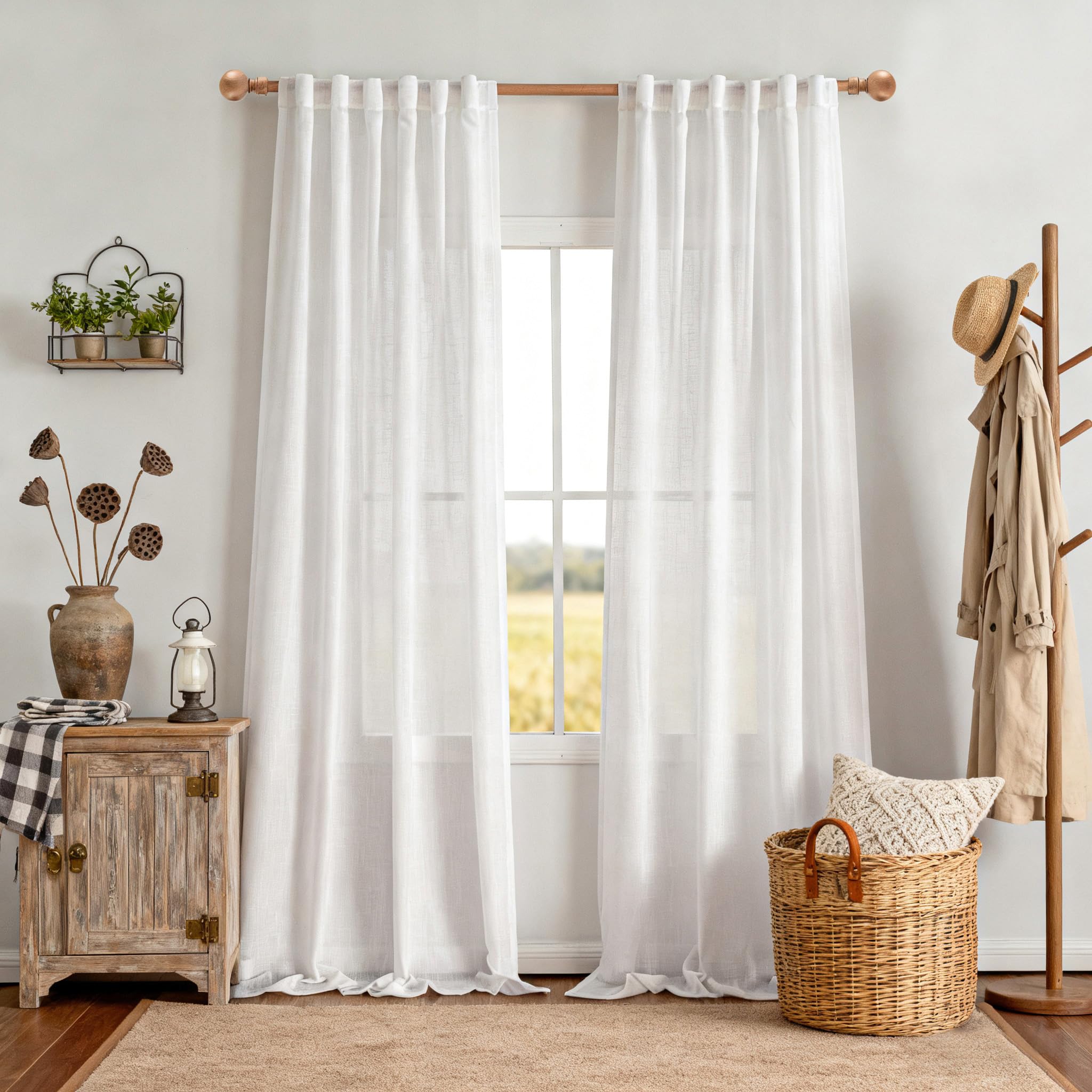MYSKY HOME Country Curtains for Sliding Glass Door, Back Tab Semi Sheer Curtain Panels Extra Long Floor Length Drapes Linen Texture Soft Touch, 50x108 Inch, Linen, Set of 2