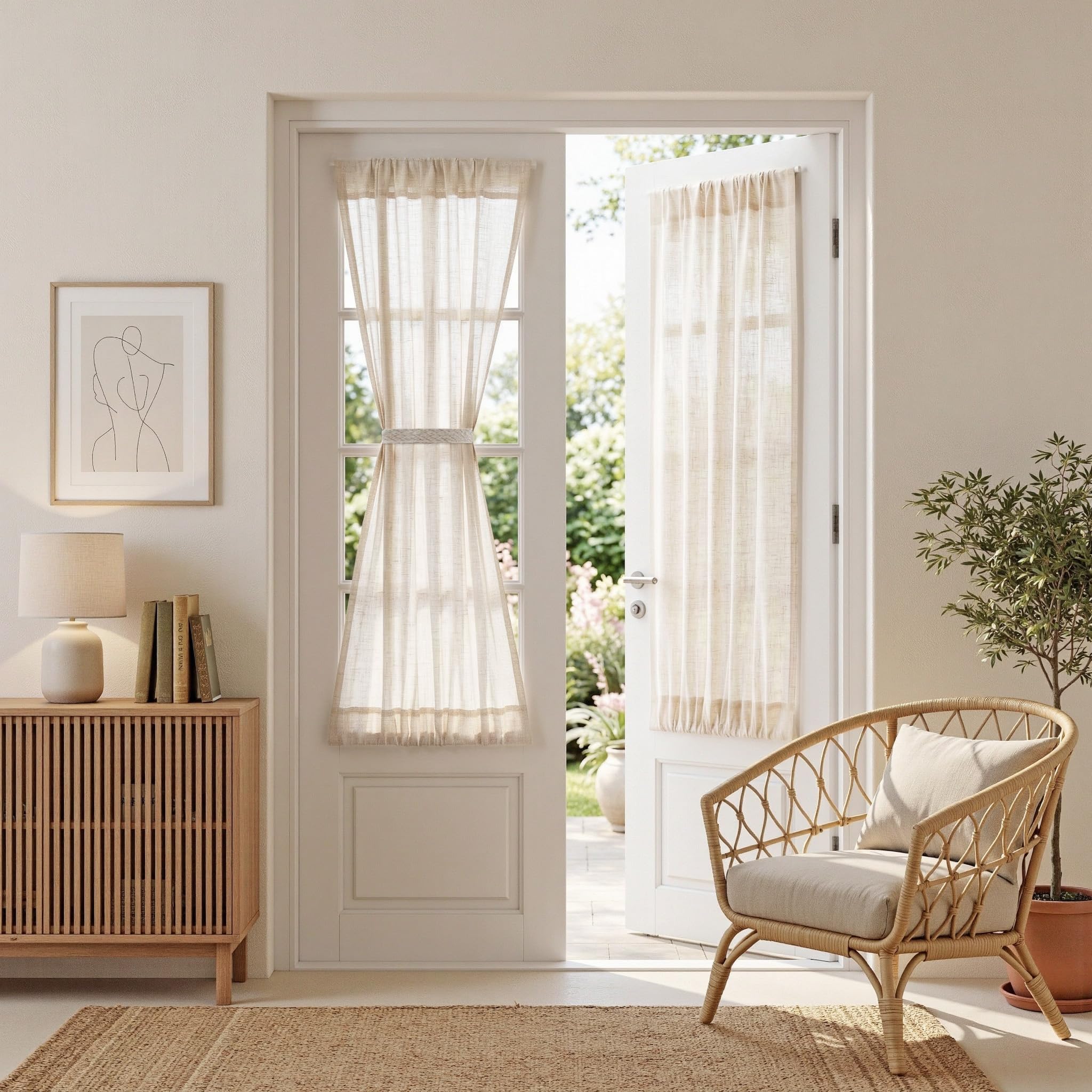MYSKY HOME Country Curtains for Sliding Glass Door, Back Tab Semi Sheer Curtain Panels Extra Long Floor Length Drapes Linen Texture Soft Touch, 50x108 Inch, Linen, Set of 2