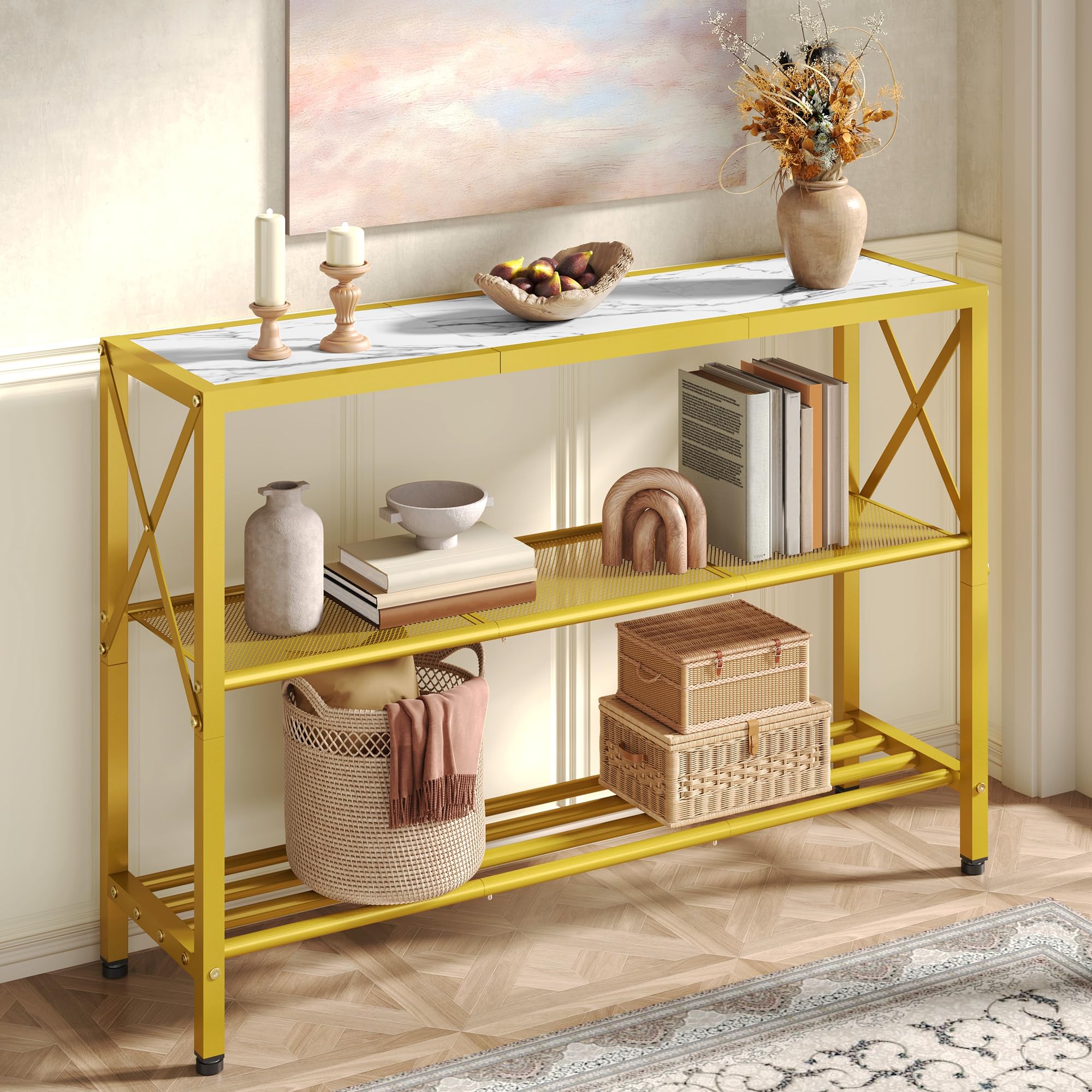 Hoctieon Industrial Console Table, 3 Tier Entryway Table, Hallway Table, Narrow Sofa Table with Shelves, Entrance Table for Entryway, Living Room, Foyer, Hallway, Office, Rustic Brown&Black