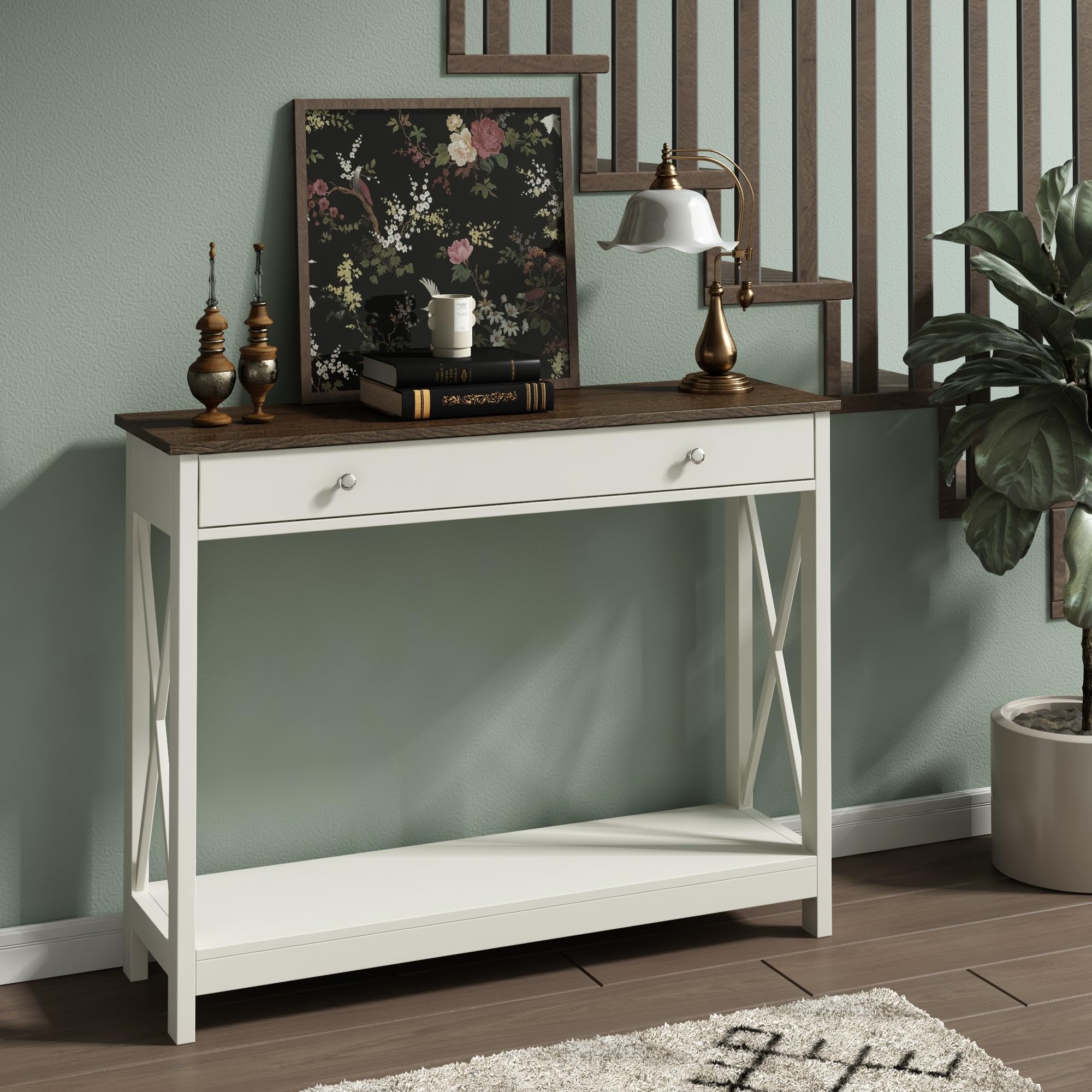 Treocho Black Console Table with Drawer and Storage Shelves, Foyer Sofa Table Narrow for Entryway, Living Room, Hallway
