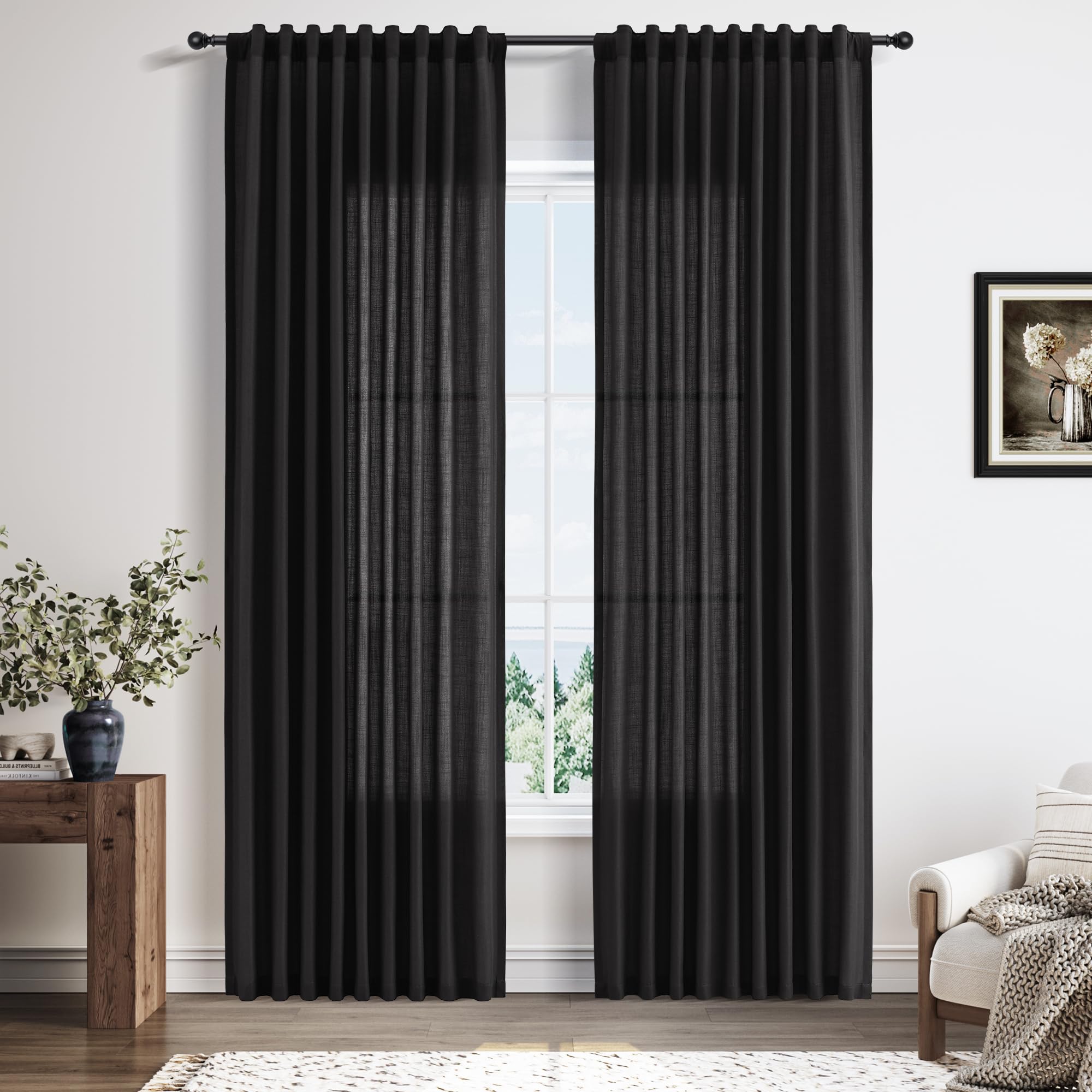 Nanspring Linen Curtains 80 Inches Long for Living Room Semi Sheer Light Filtering Curtain Back Tab Neutral Boho Modern Farmhouse Window Drapes for Bedroom 52x80 2 Panels Cream Ivory Beige Natural