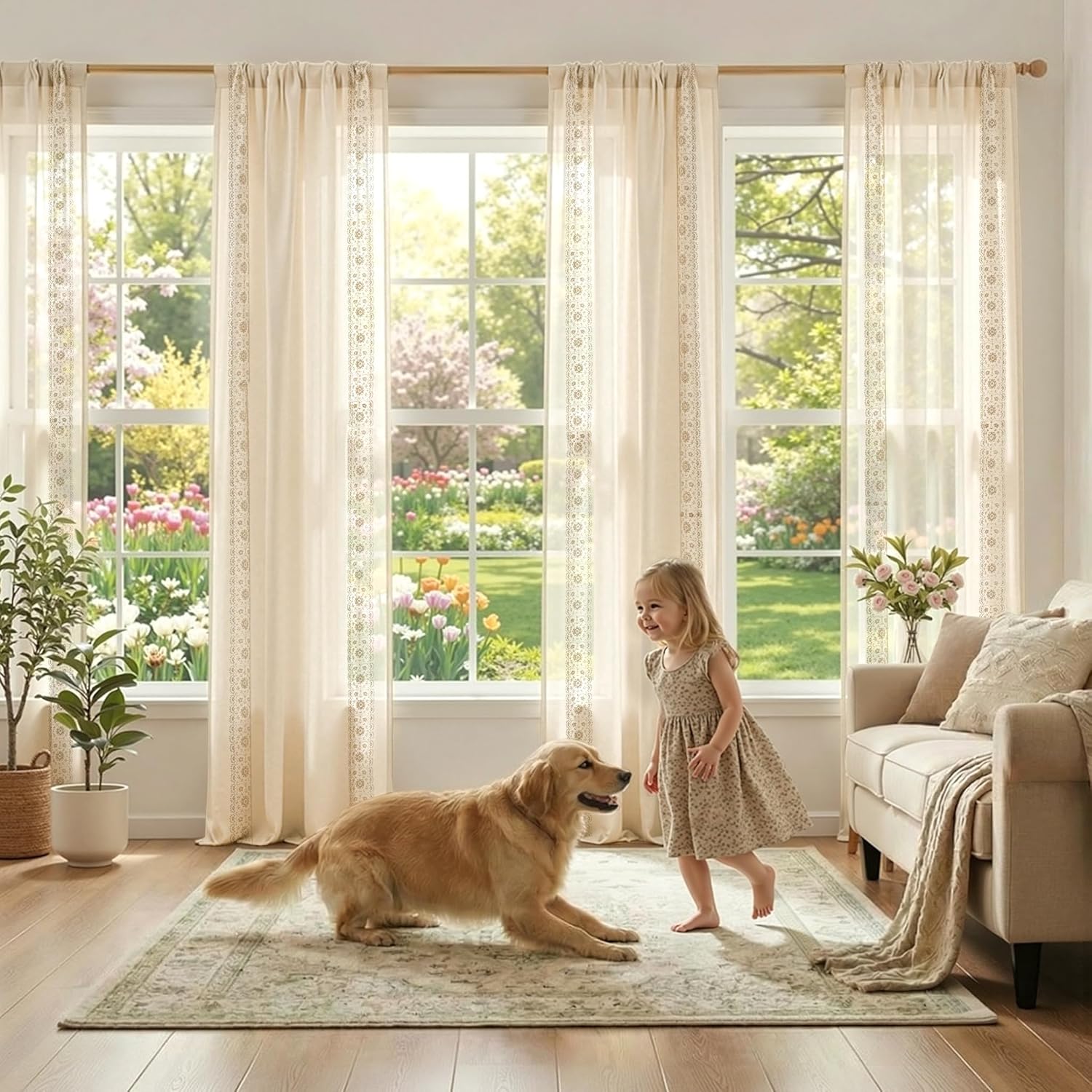 jinchan Weslie Beige Floral Sheer Curtains for Living Room 84 Inch Long Embroidered Voile Farmhouse Linen Curtains for Bedroom Ivory Flower Patterned Cottage Core Window Drapes 2 Panels Ivory on Beige